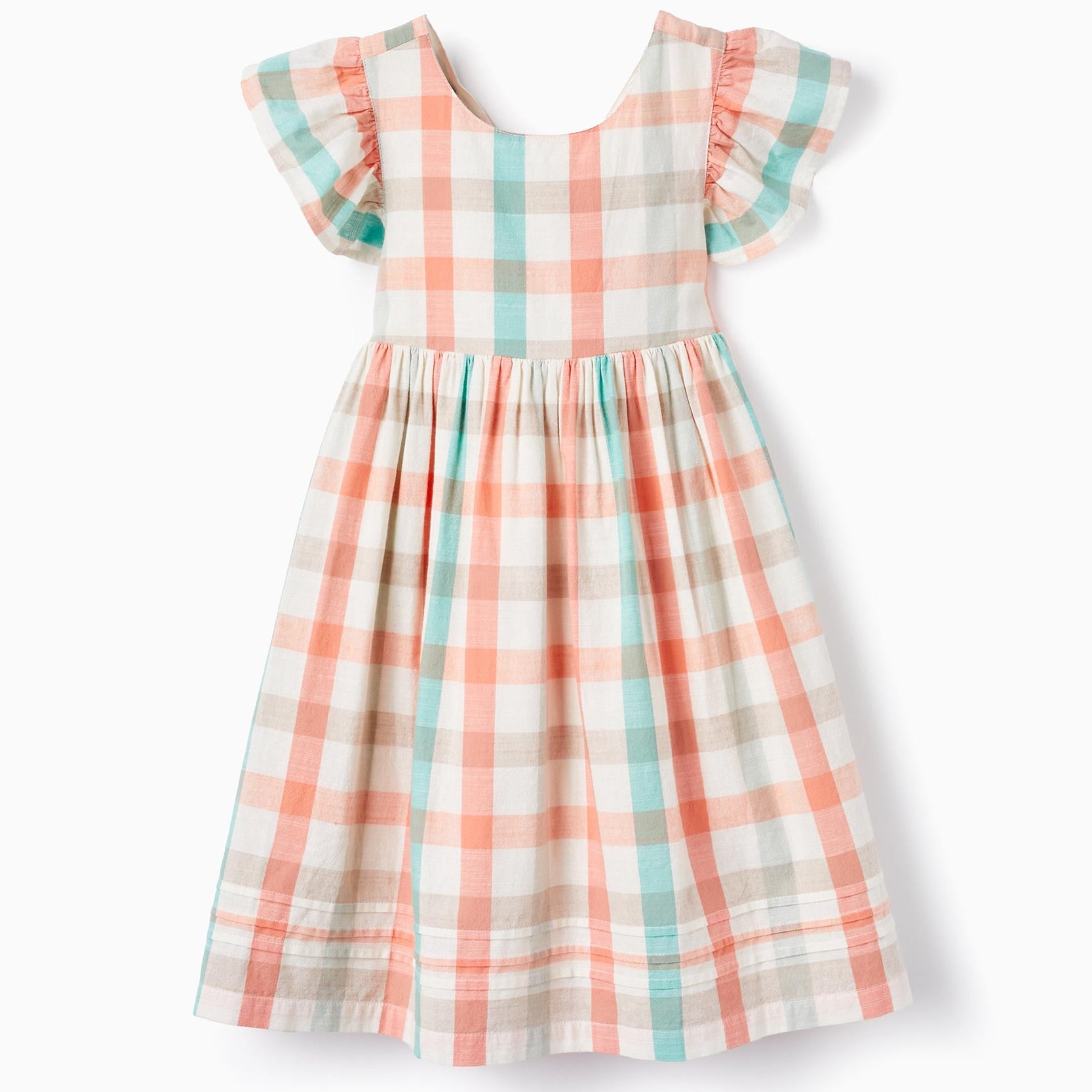 Checked dress in cotton for girls 'B&S', Aqua Green/Coral
