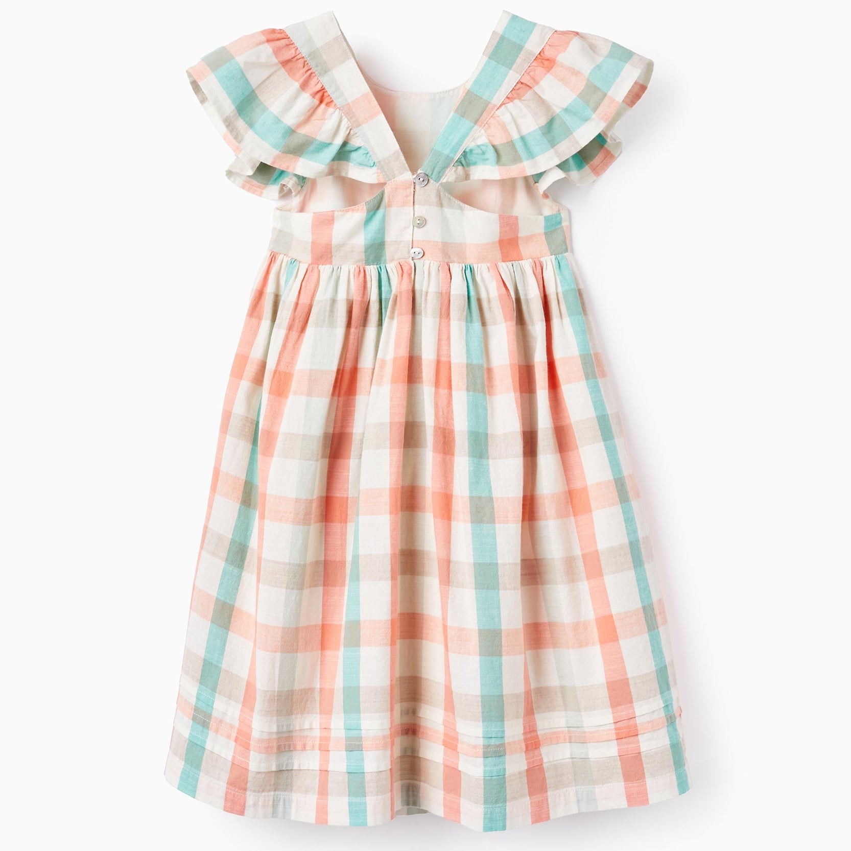 Checked dress in cotton for girls 'B&S', Aqua Green/Coral