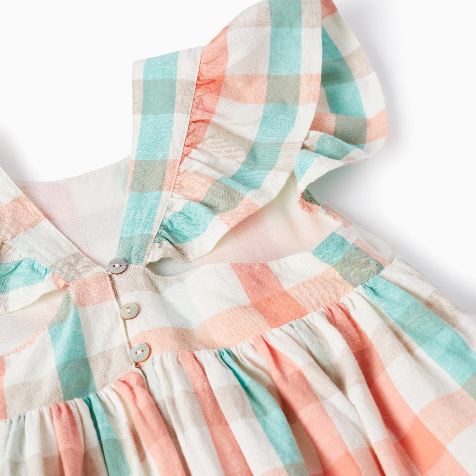 Checked dress in cotton for girls 'B&S', Aqua Green/Coral