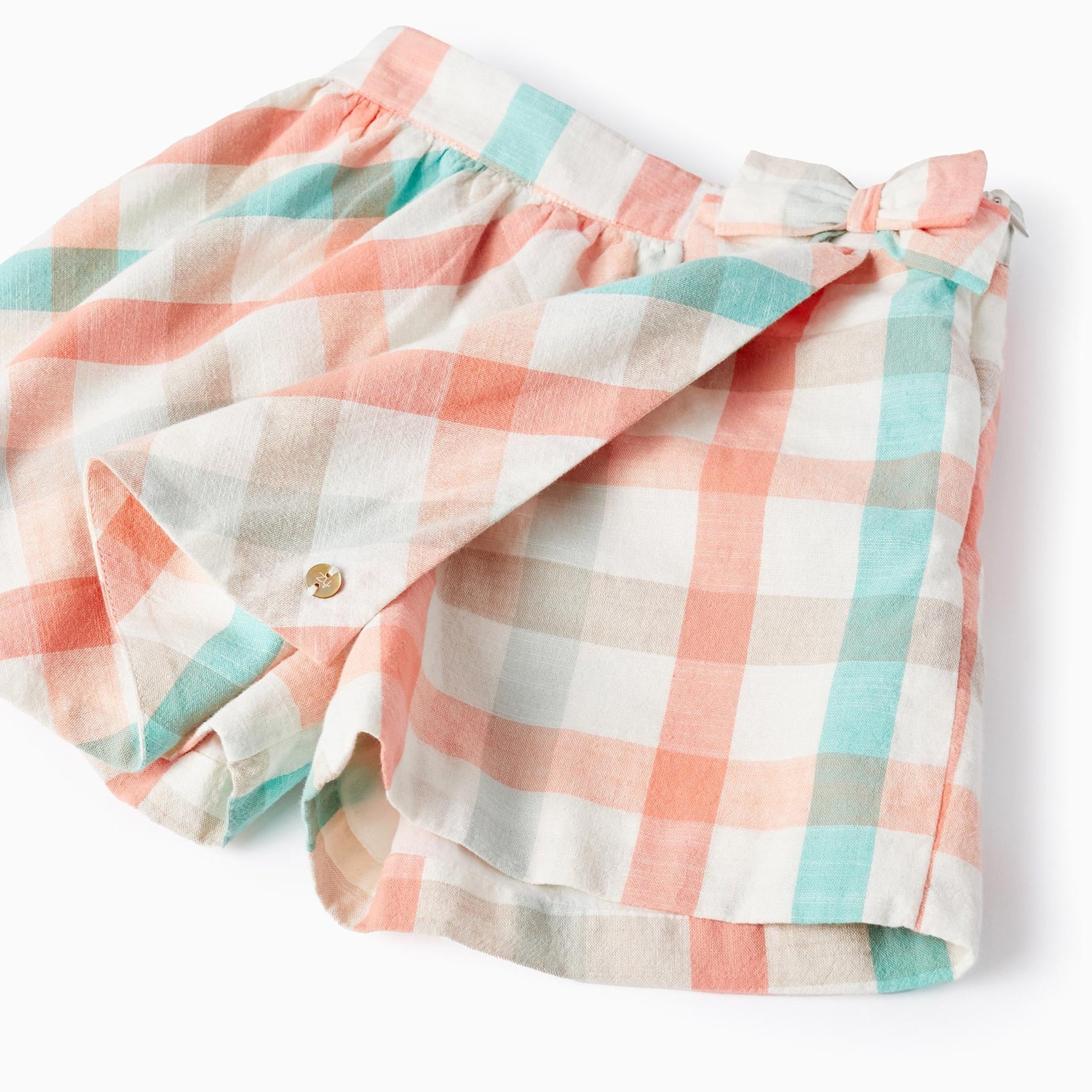 Checkered Cotton Skort for Girls 'B&S', Aqua Green/Coral