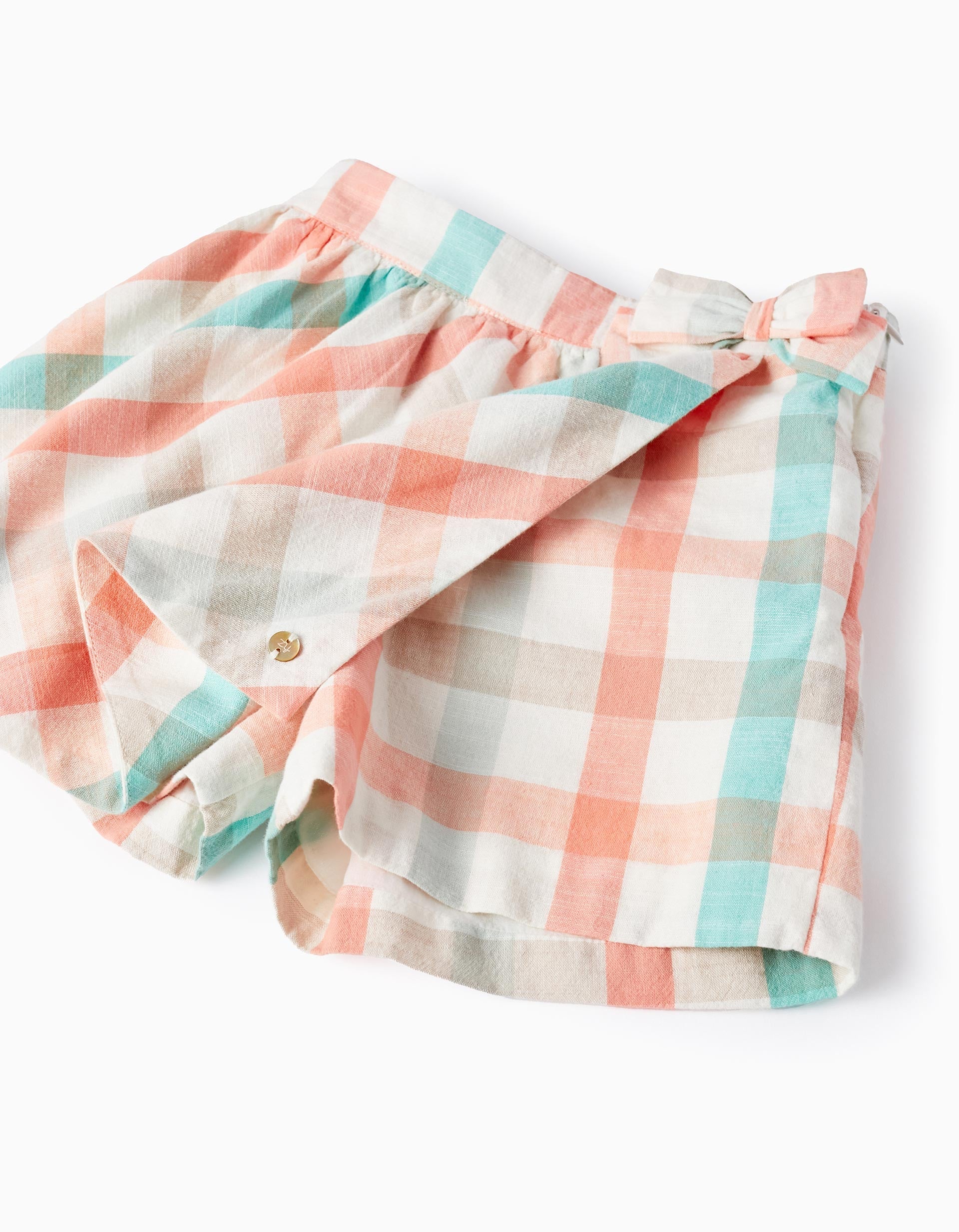 Checkered Cotton Skort for Girls 'B&S', Aqua Green/Coral
