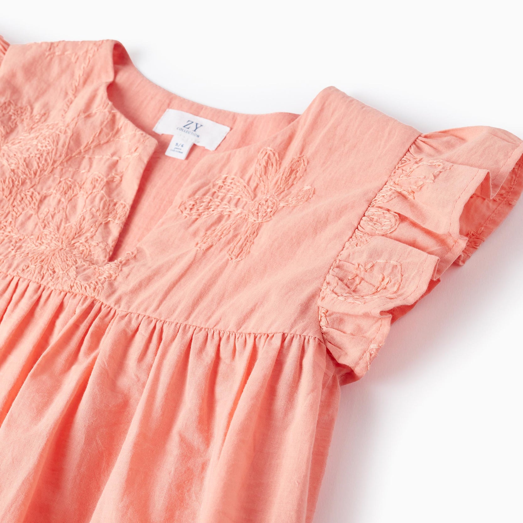 Cotton Tunic with Embroidery and Ruffles for Girls, Coral