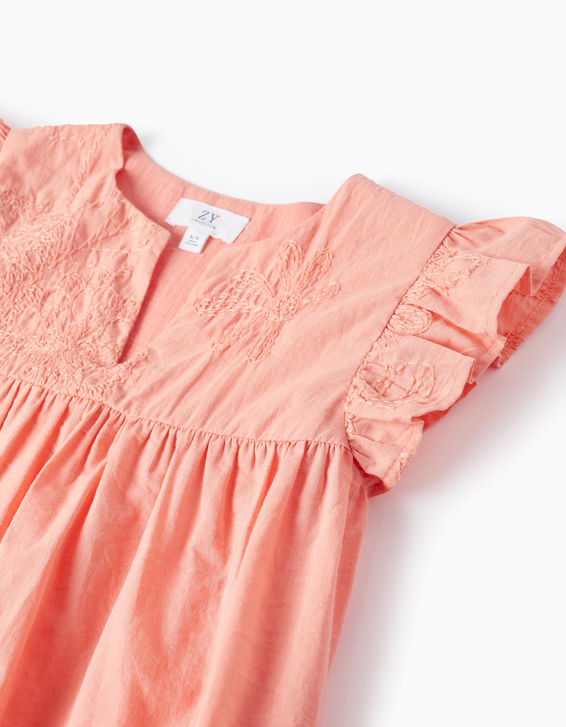 Cotton Tunic with Embroidery and Ruffles for Girls, Coral