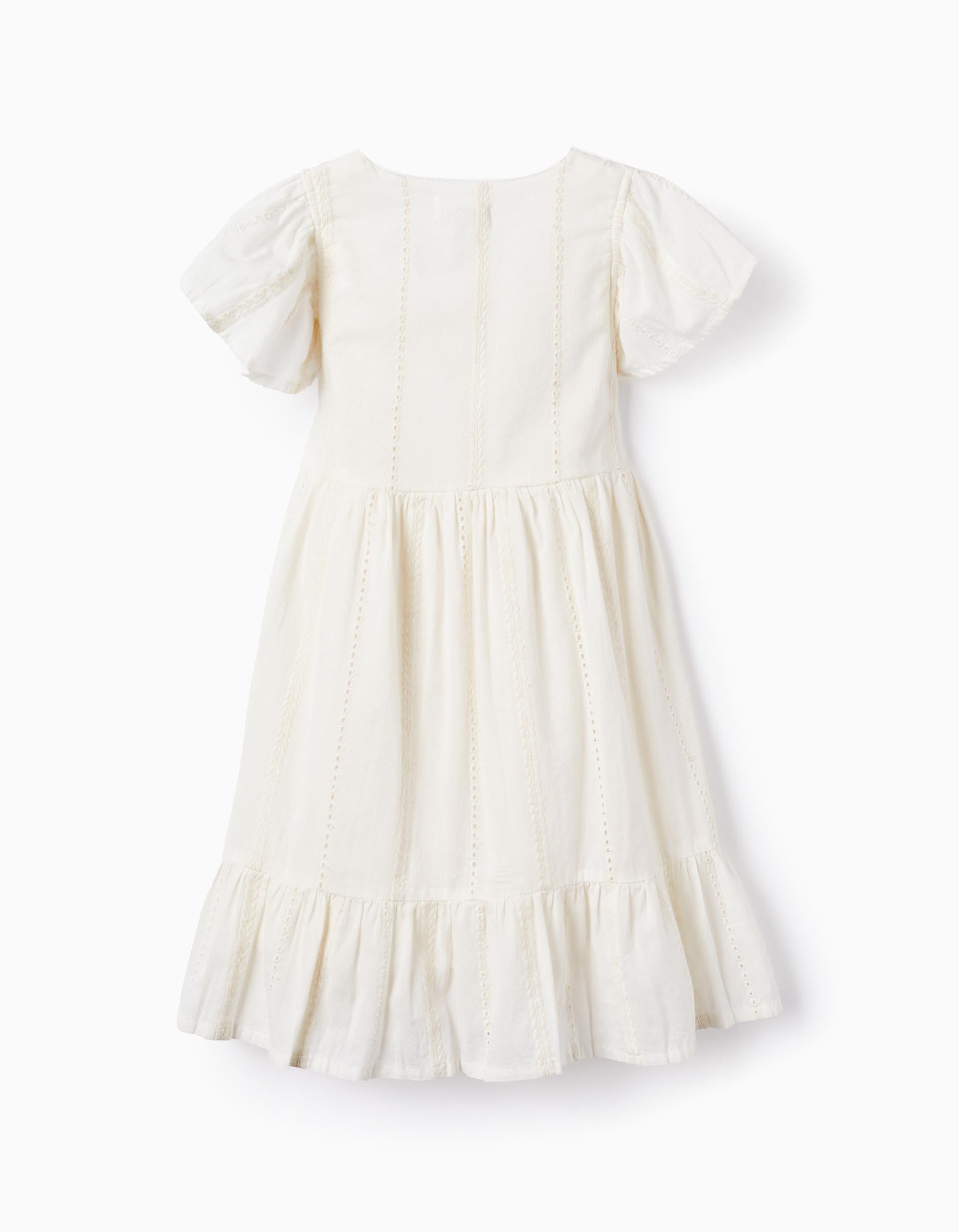 Cotton Dress with Embroidery for Girls, White