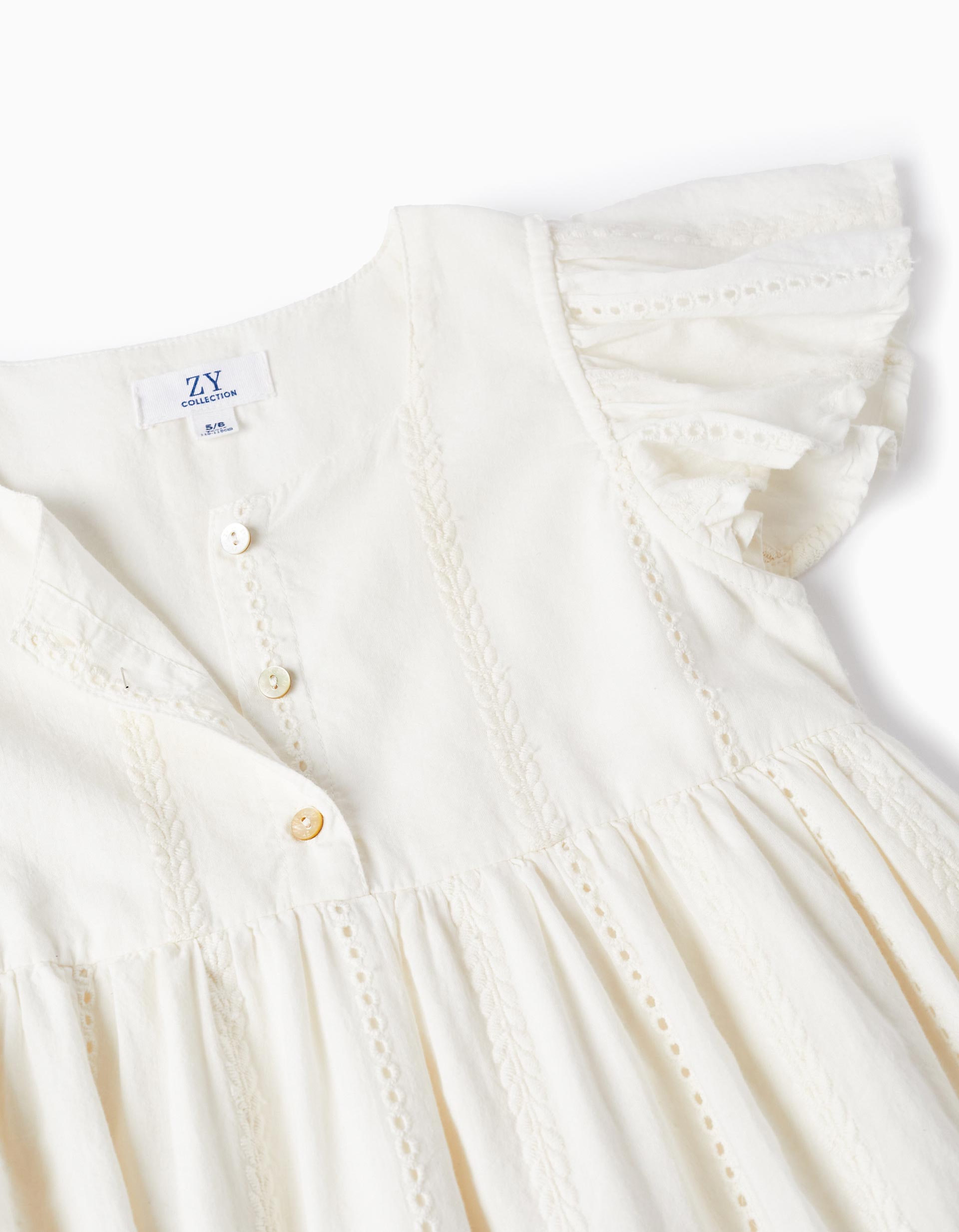 Cotton Dress with Embroidery for Girls, White