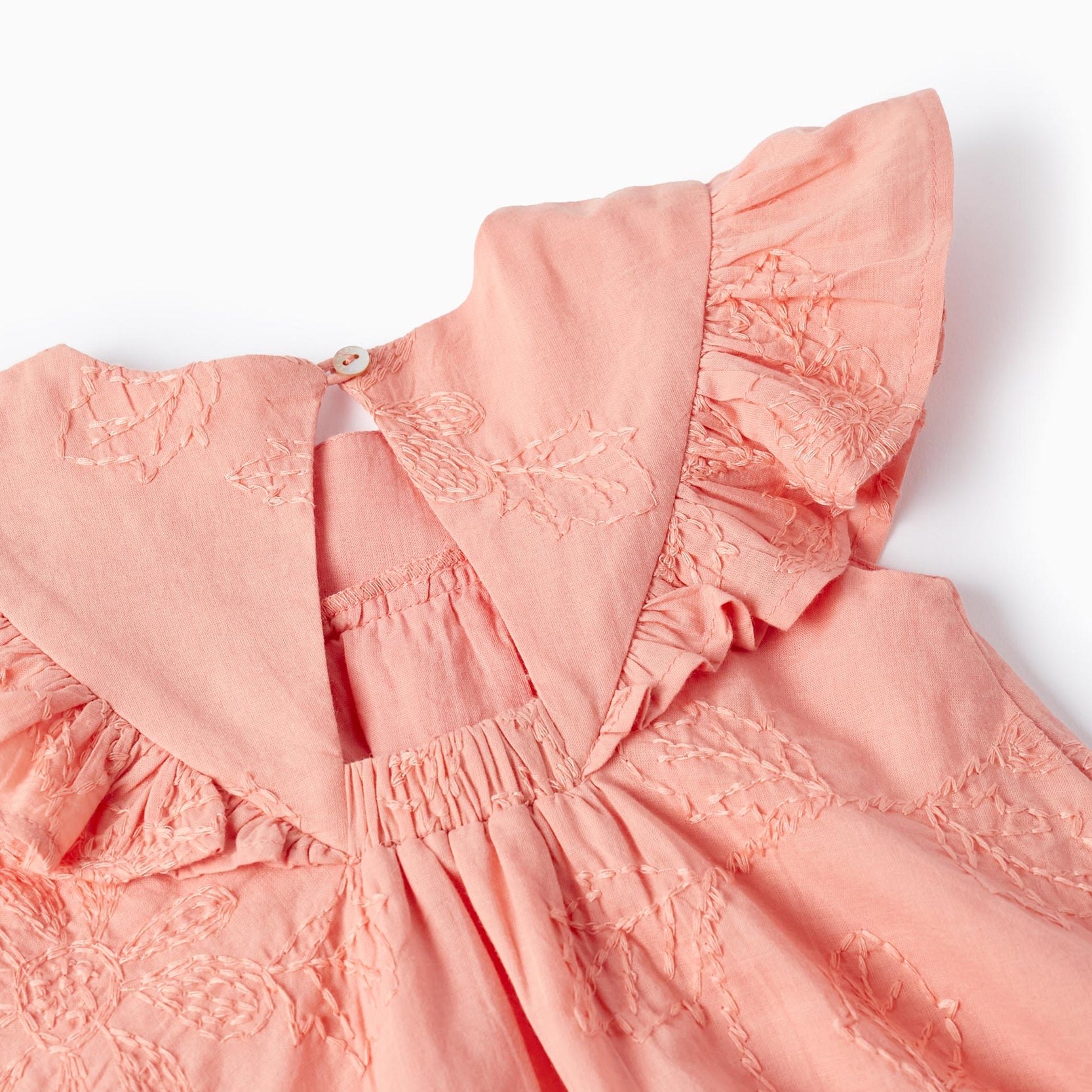 Cotton Dress with Embroidery and Ruffles for Baby Girls, Coral