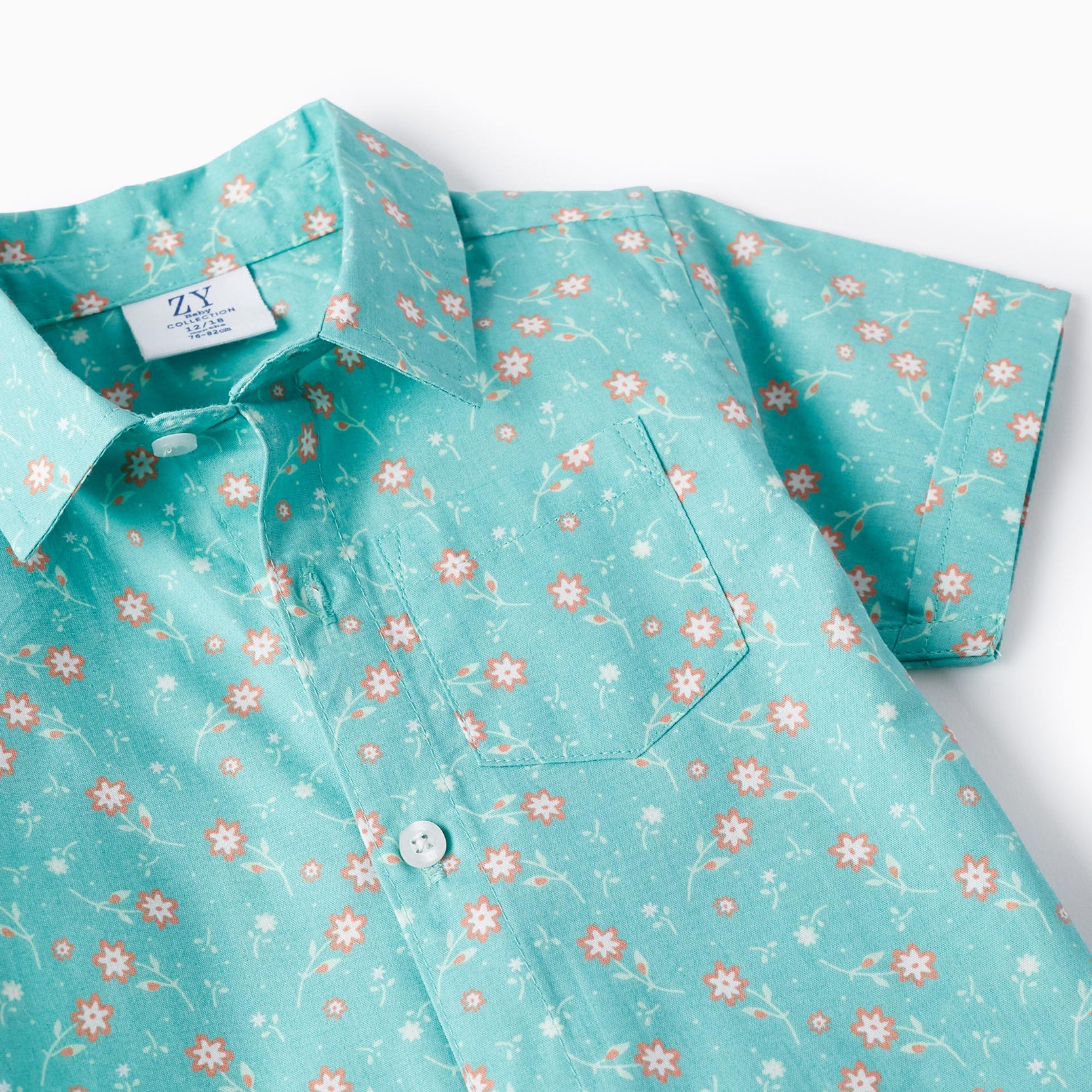 Floral Cotton Shirt for Baby Boys, Aqua Green