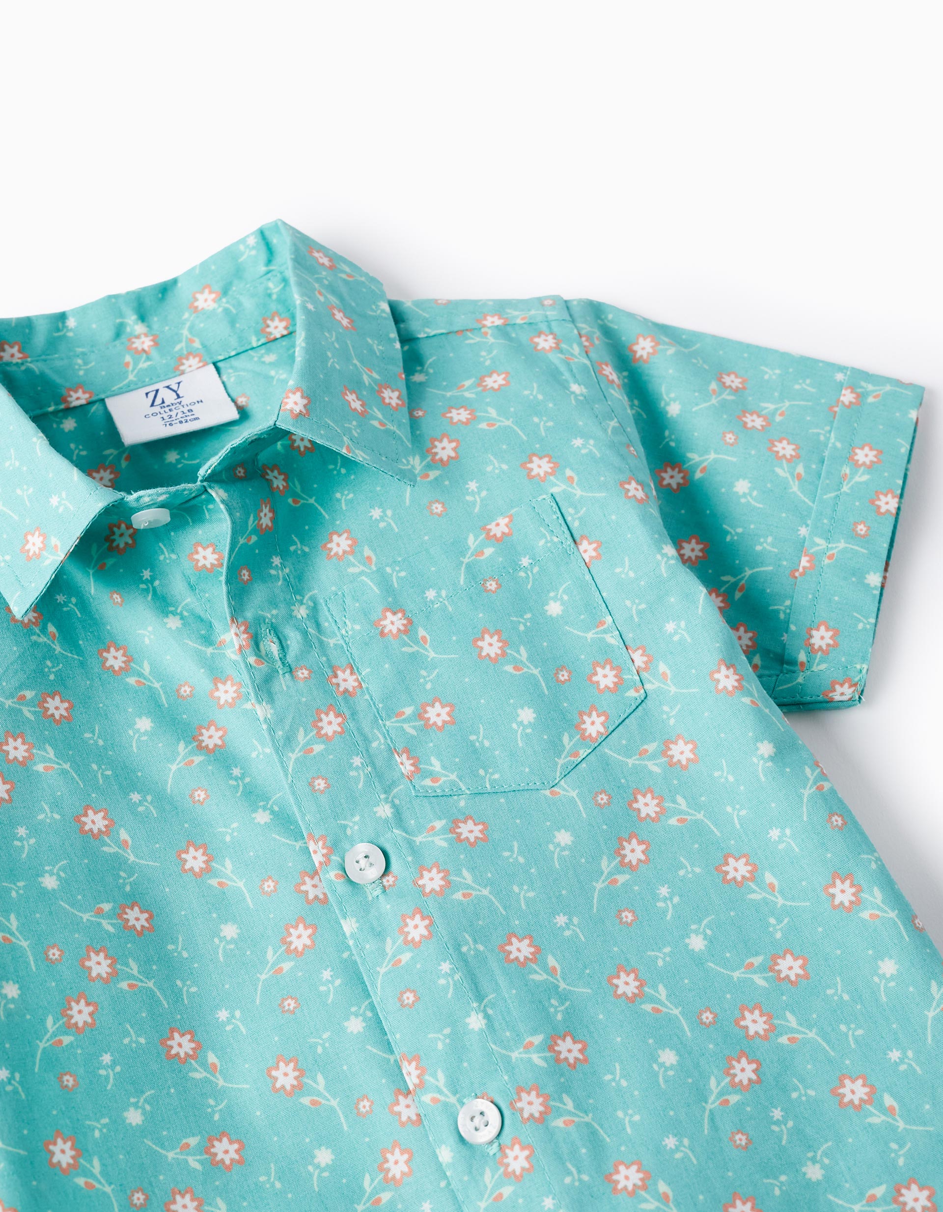 Floral Cotton Shirt for Baby Boys, Aqua Green