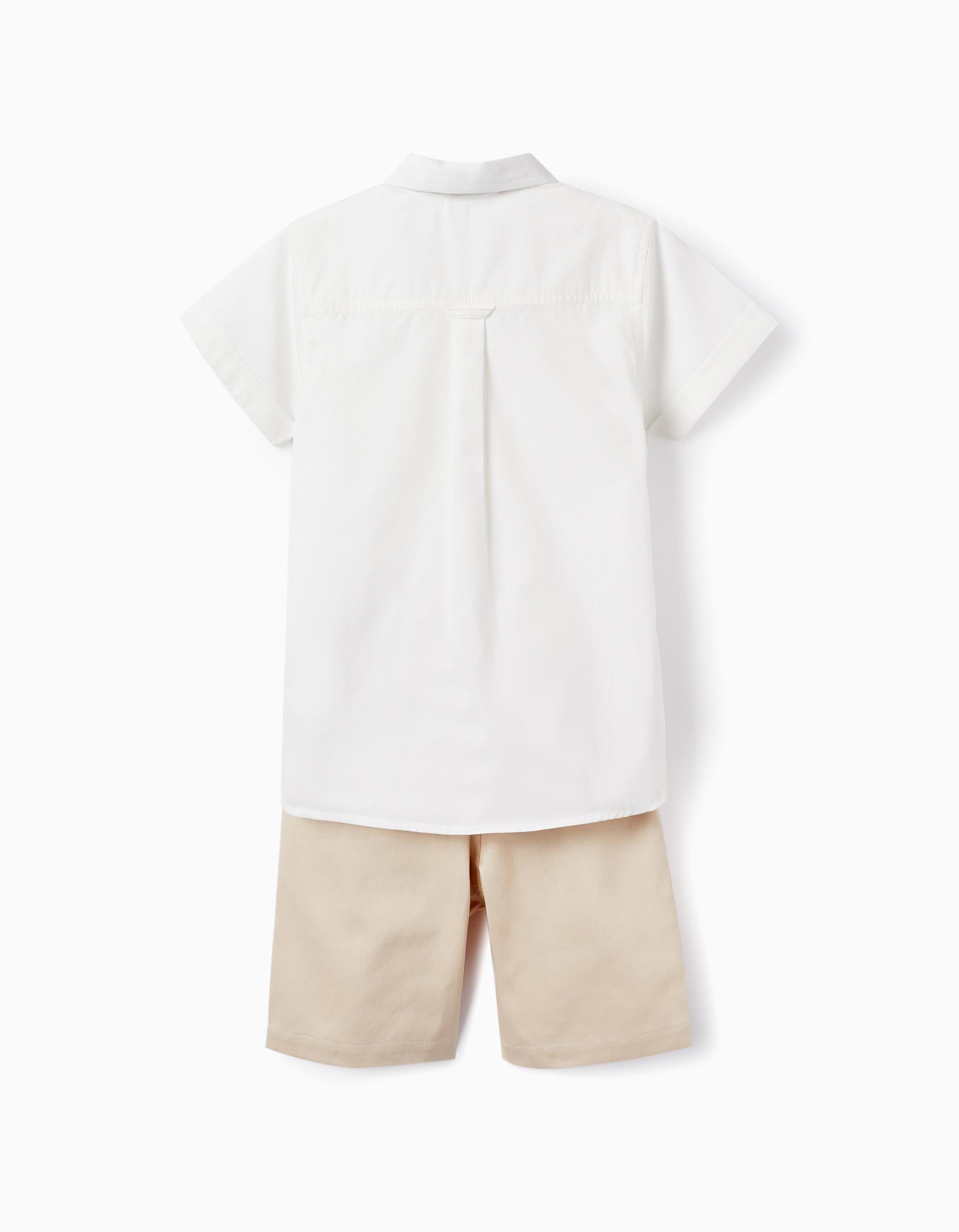 Shirt + Bow Tie + Shorts for Boys, White/Beige
