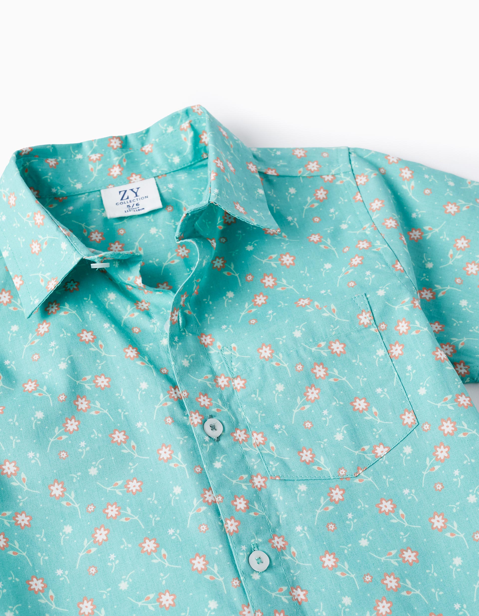 Floral Cotton Shirt for Boys, Aqua Green