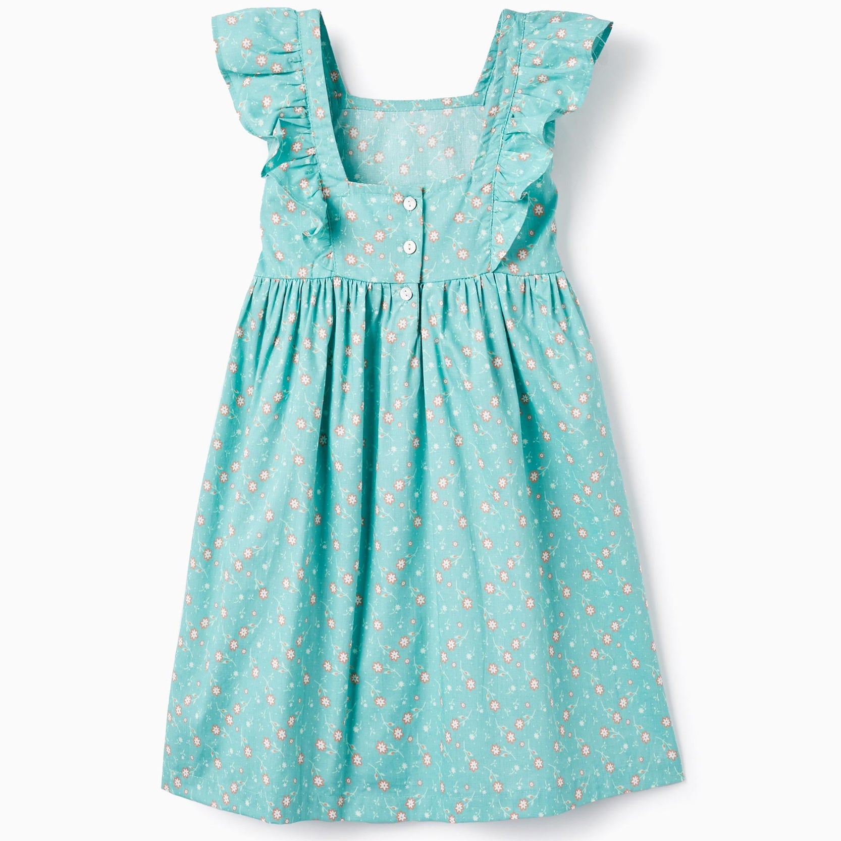 Floral Cotton Dress for Girls, Aqua Green