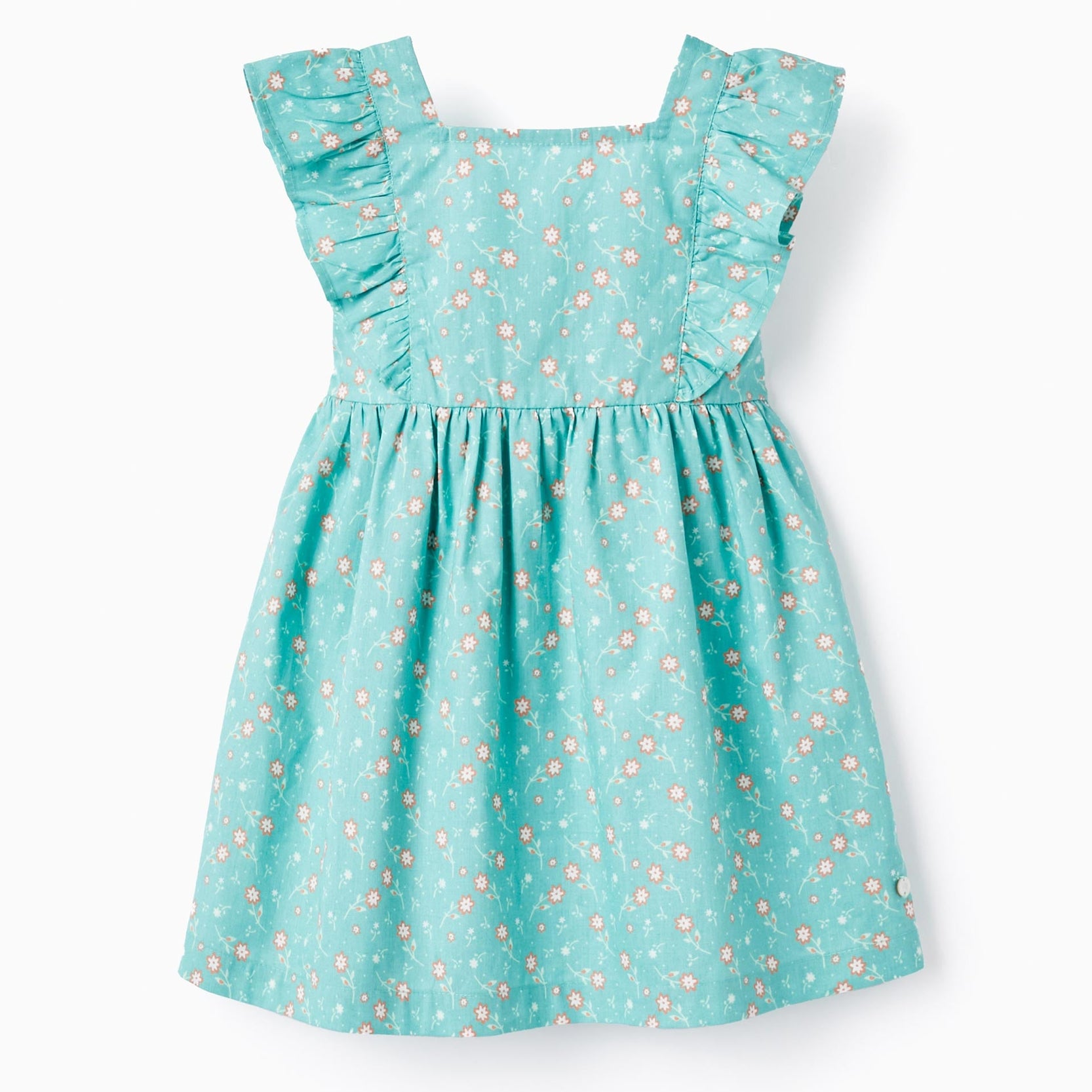 Floral Cotton Dress for Baby Girls, Aqua Green