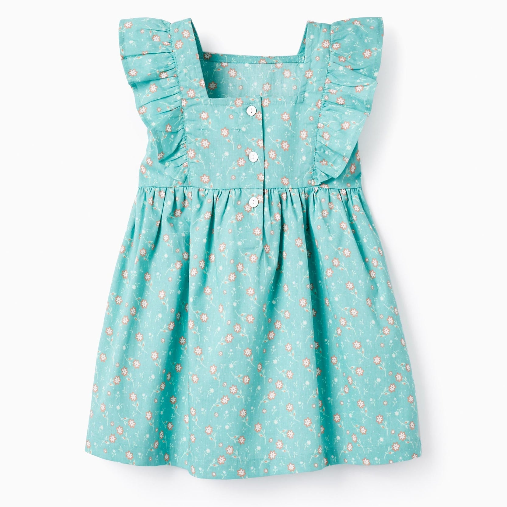 Floral Cotton Dress for Baby Girls, Aqua Green
