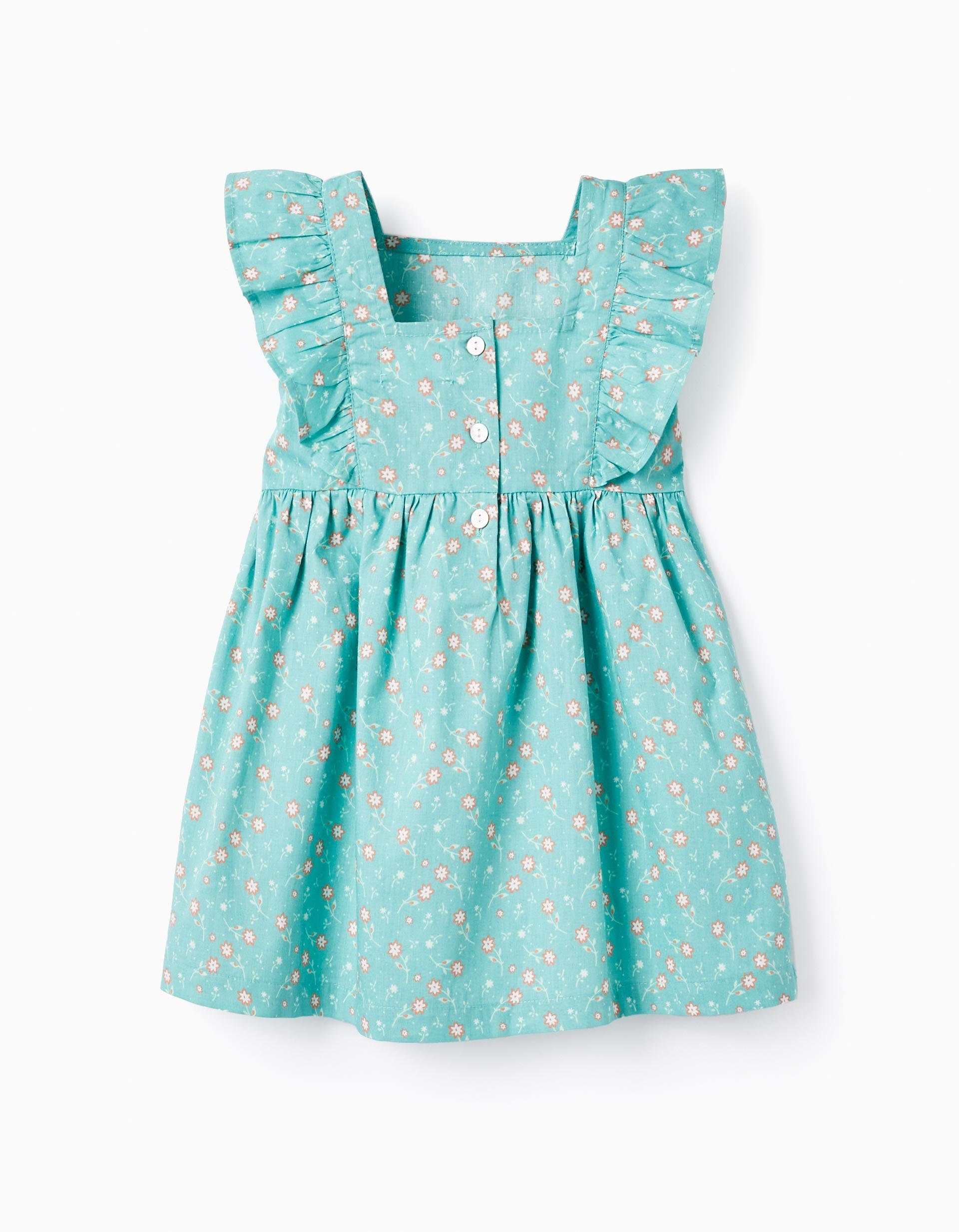 Floral Cotton Dress for Baby Girls, Aqua Green