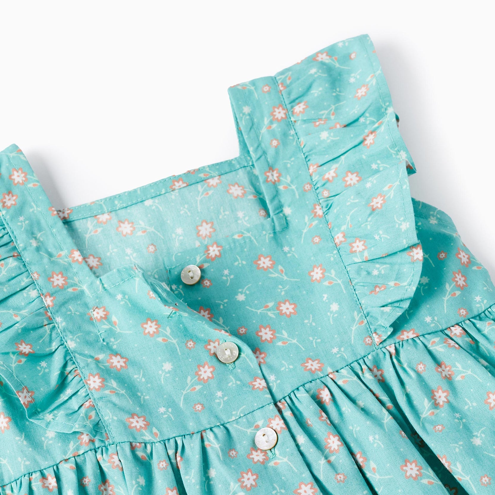 Floral Cotton Dress for Baby Girls, Aqua Green