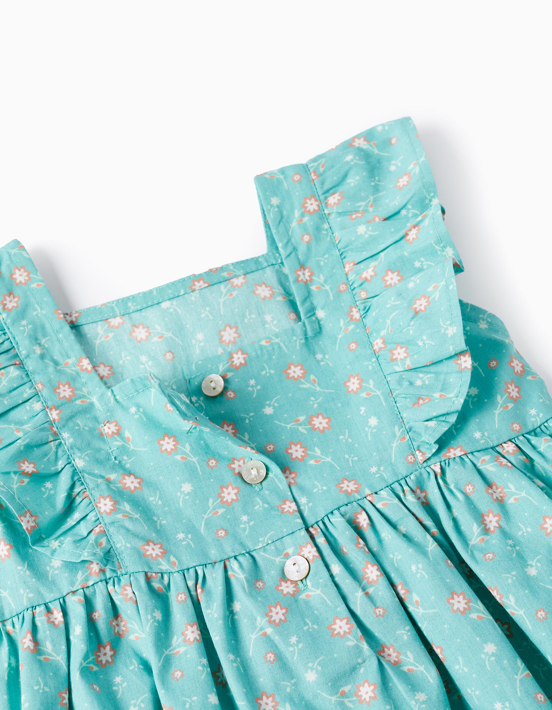 Floral Cotton Dress for Baby Girls, Aqua Green