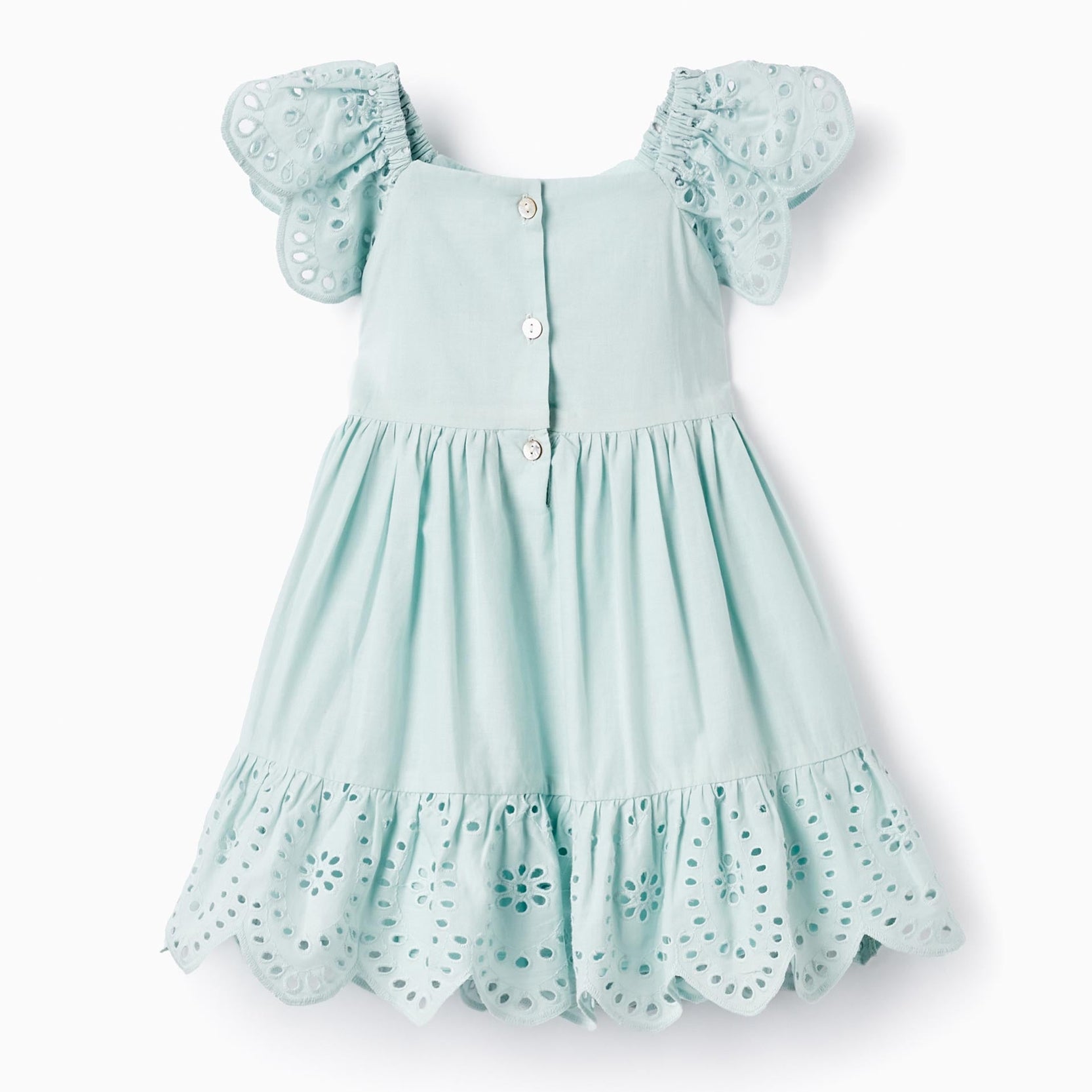 Cotton Dress with Broderie Anglaise for Baby Girls, Aqua Green