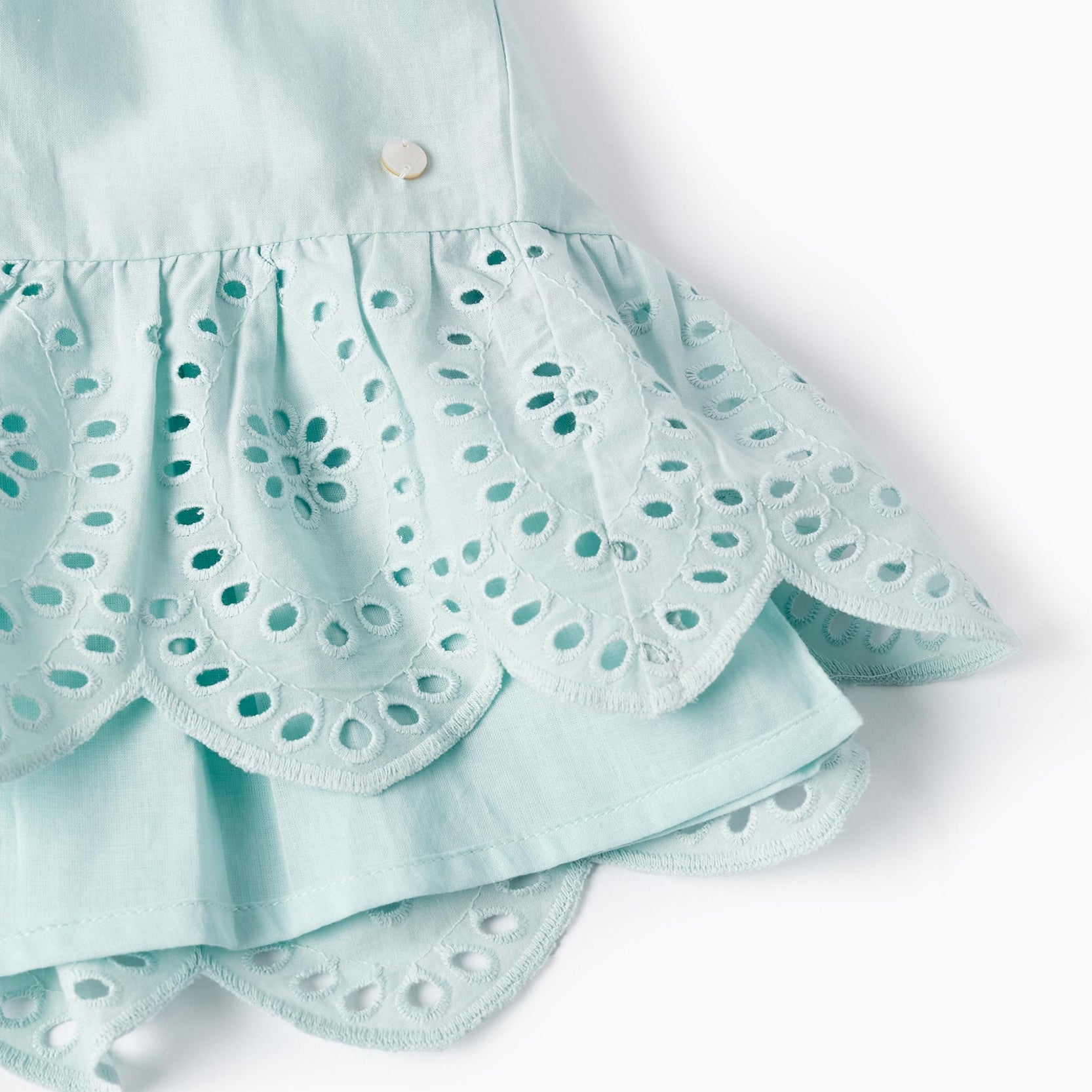Cotton Dress with Broderie Anglaise for Baby Girls, Aqua Green