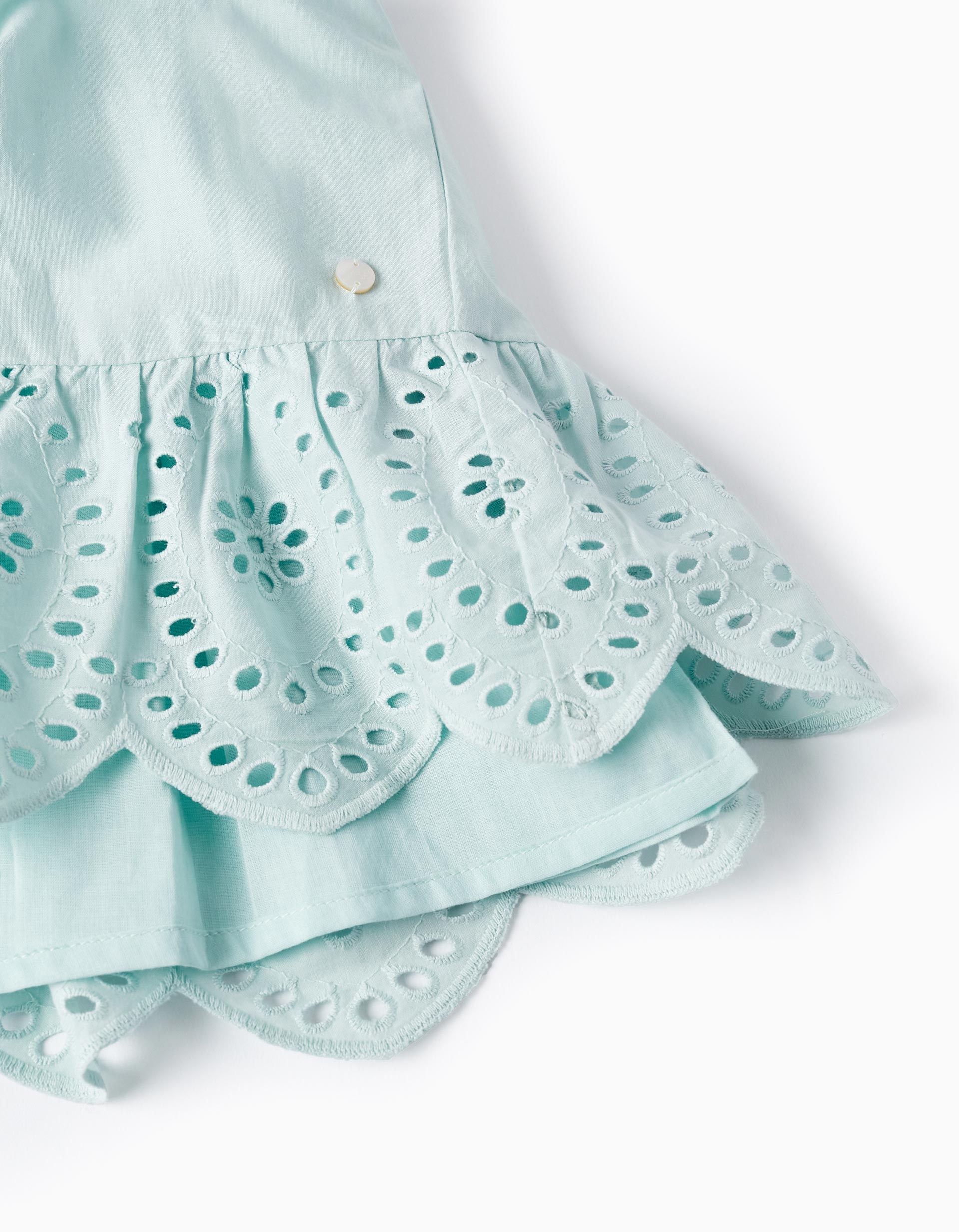 Cotton Dress with Broderie Anglaise for Baby Girls, Aqua Green