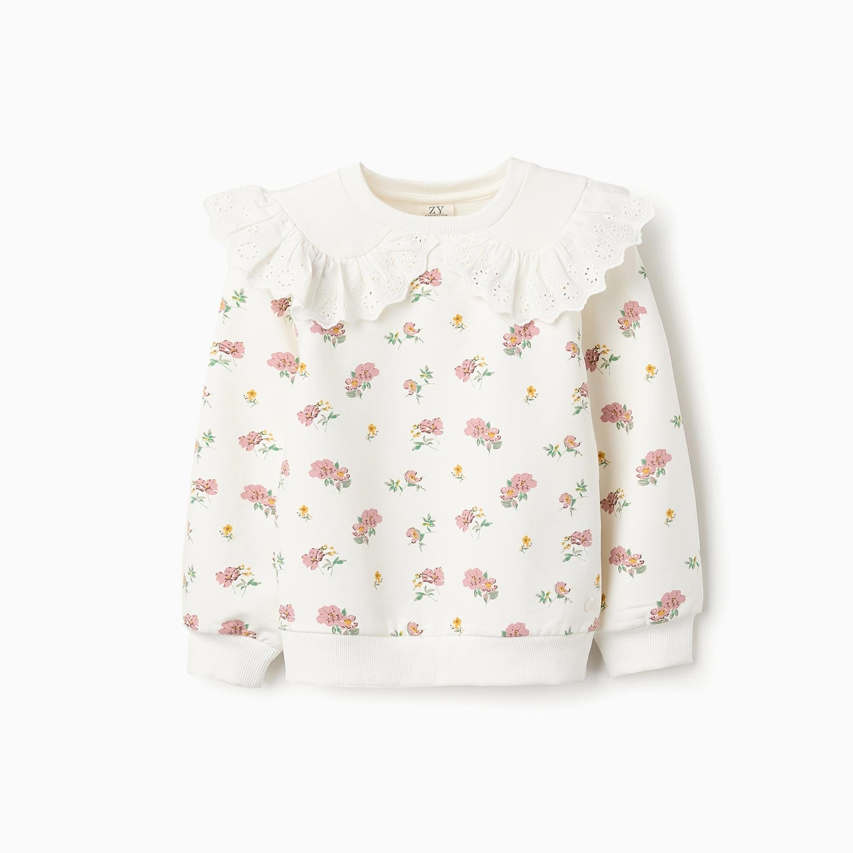 Floral Cotton Sweatshirt with Ruffles for Girls, White