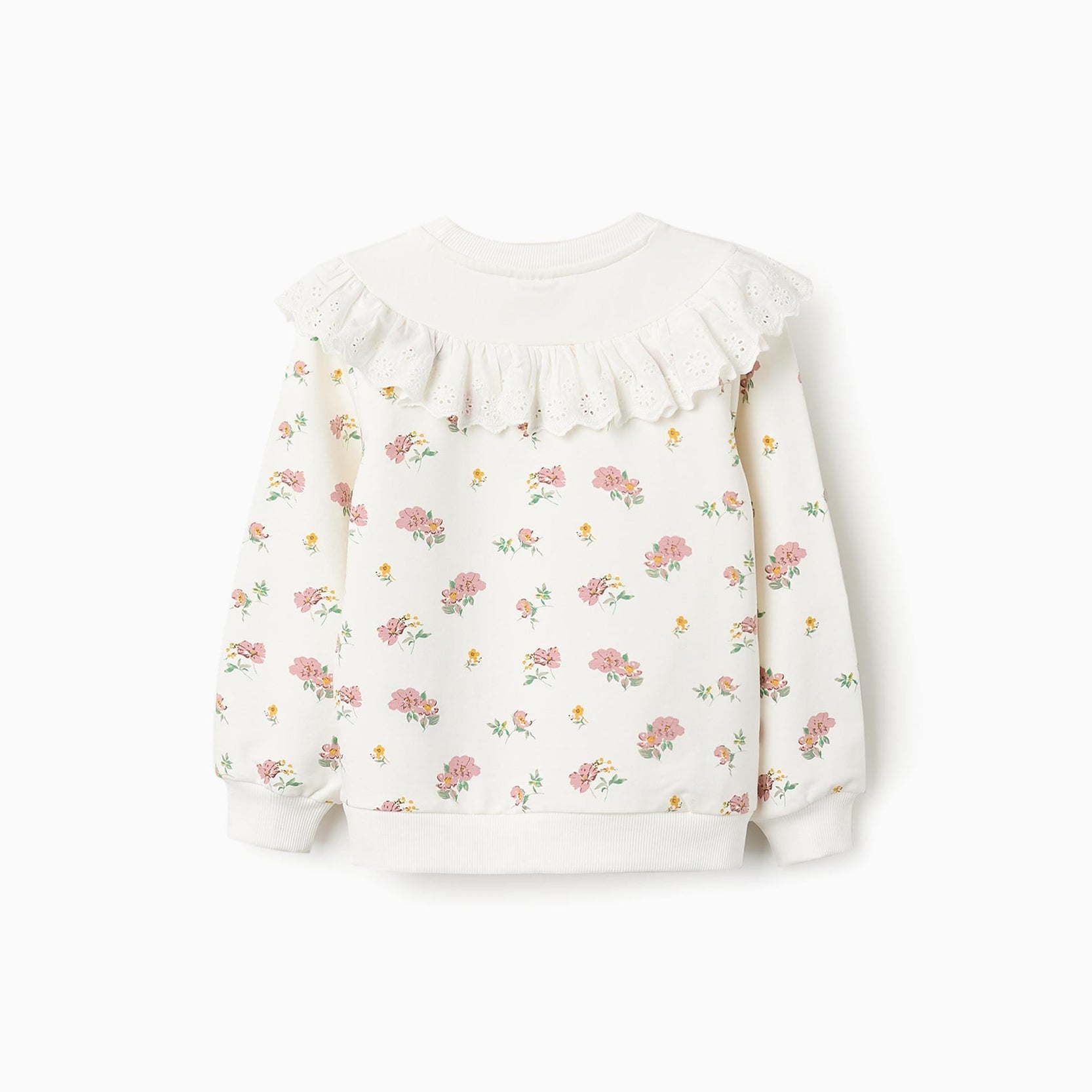 Floral Cotton Sweatshirt with Ruffles for Girls, White
