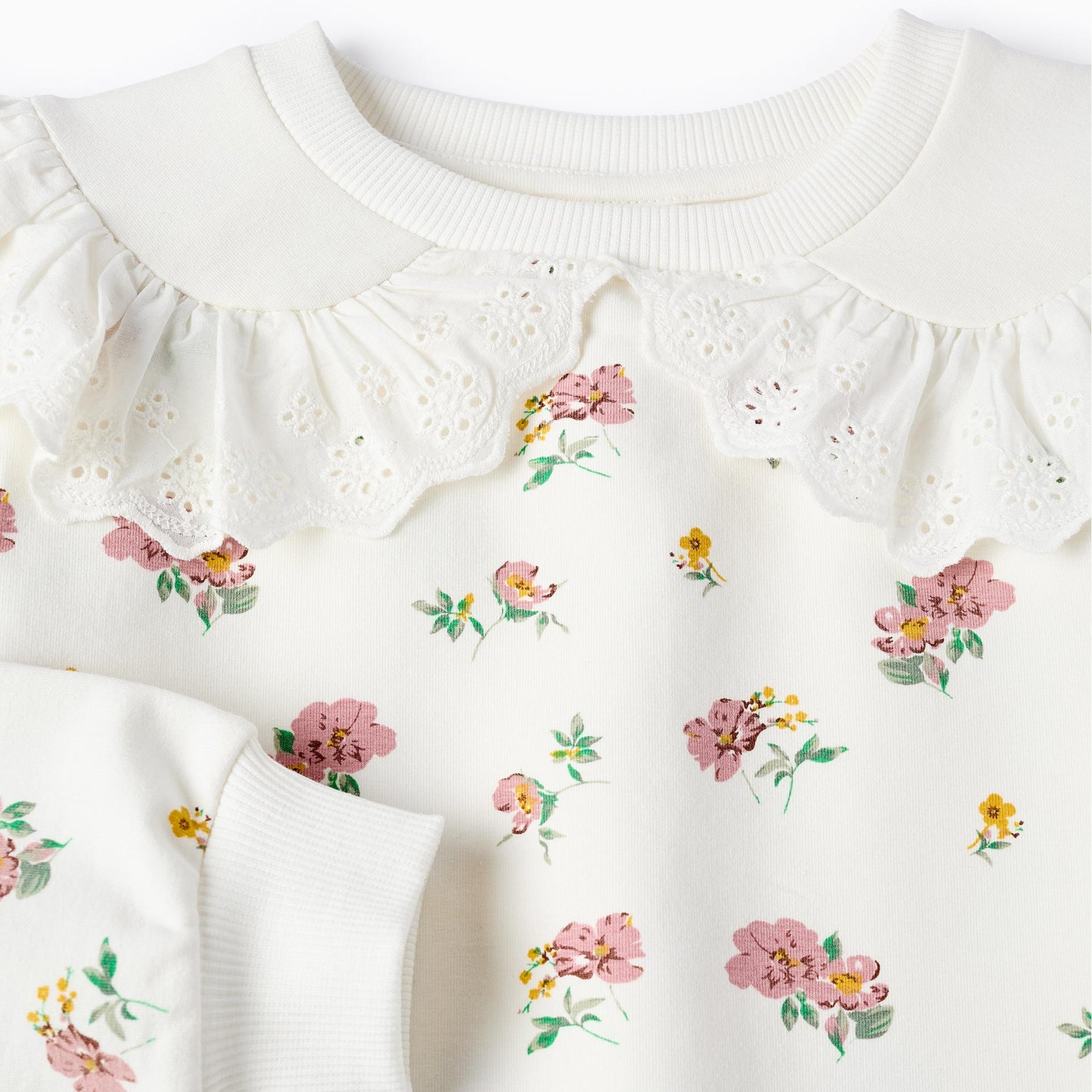 Floral Cotton Sweatshirt with Ruffles for Girls, White