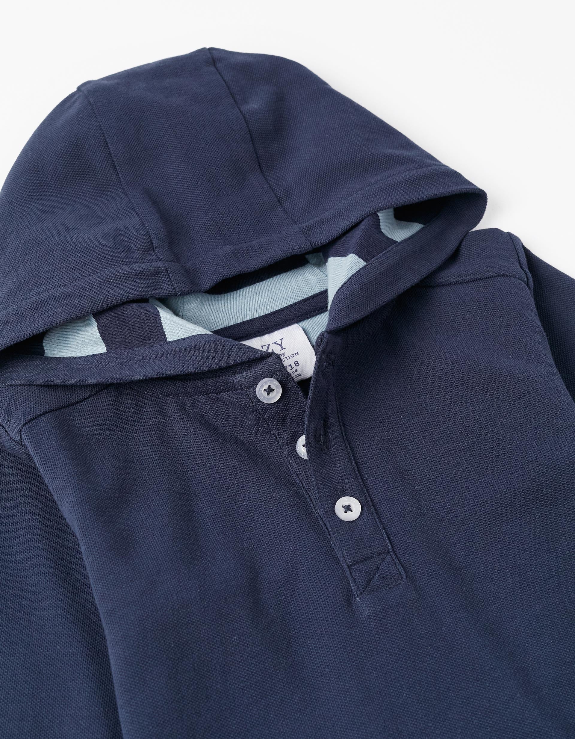 Hooded Polo in Cotton Piqué for Baby Boys, Dark Blue