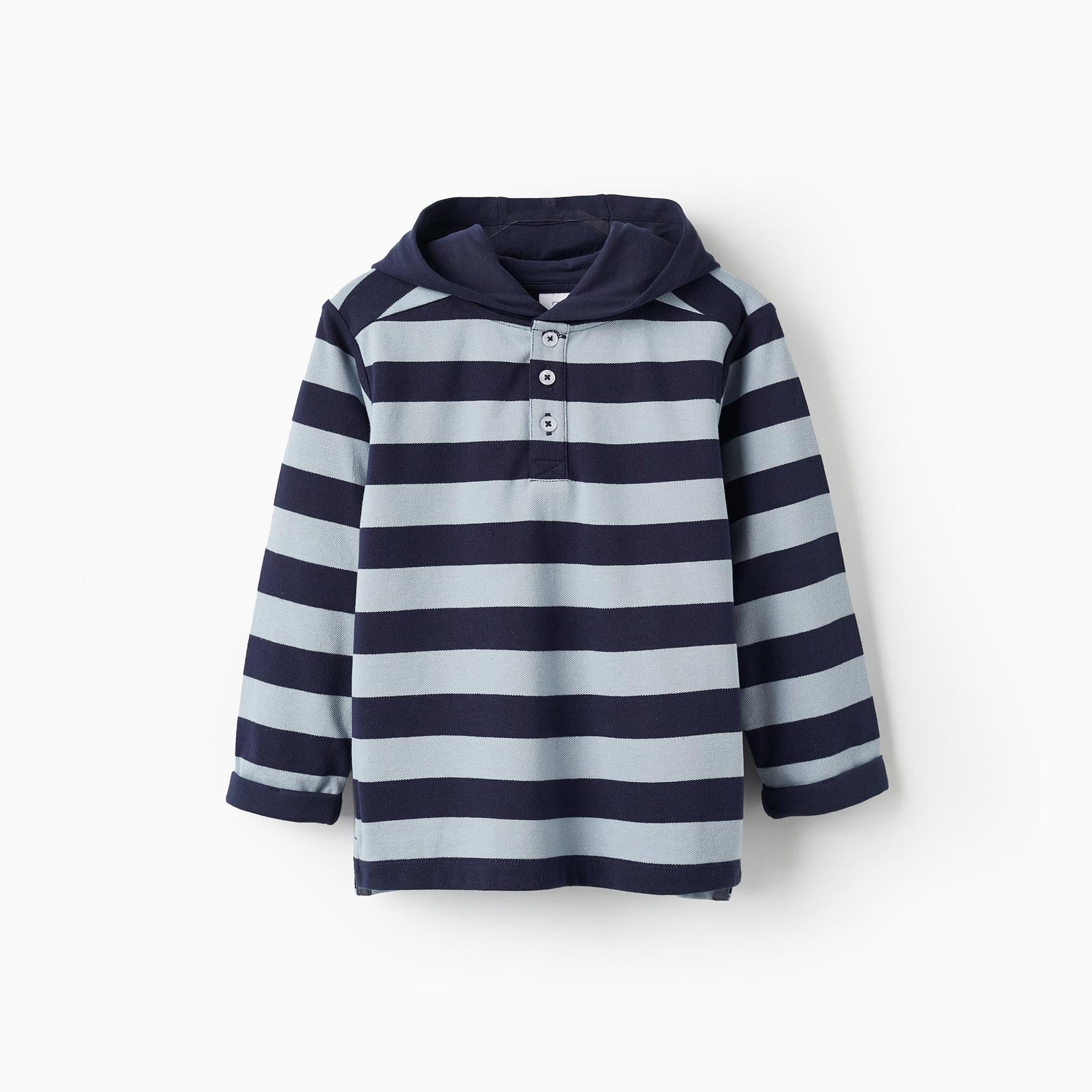 Hooded Striped Polo in Cotton Piqué for Boys, Blue