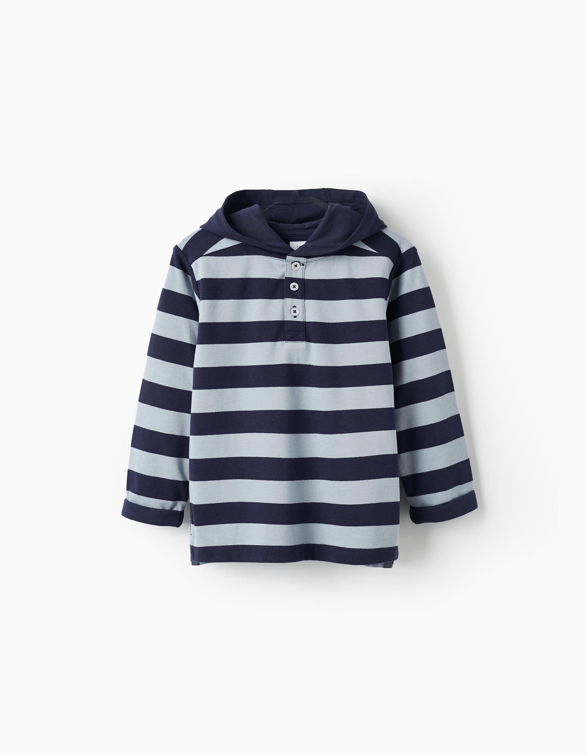 Hooded Striped Polo in Cotton Piqué for Boys, Blue