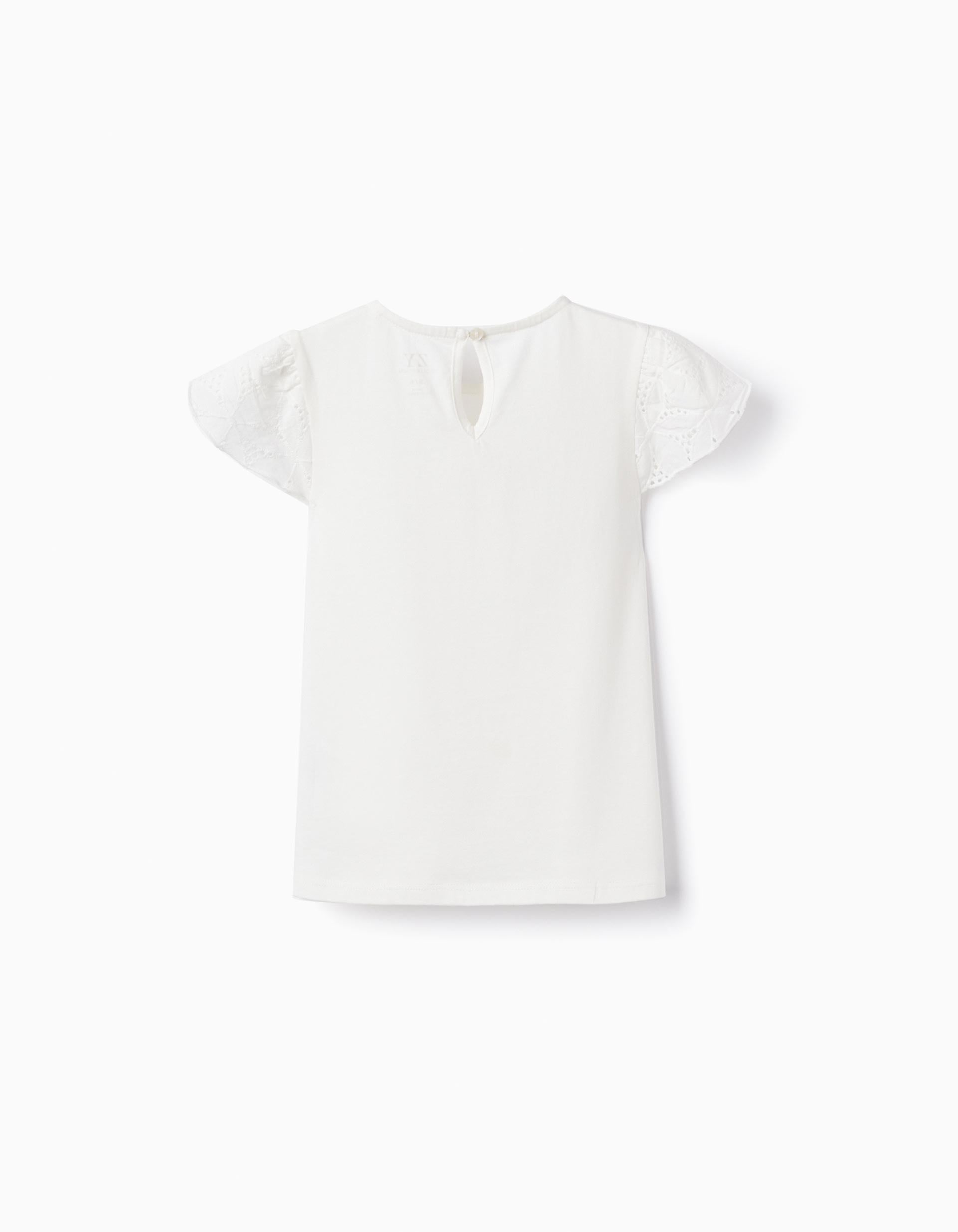 Cotton T-shirt with Broderie Anglaise for Baby Girls, White