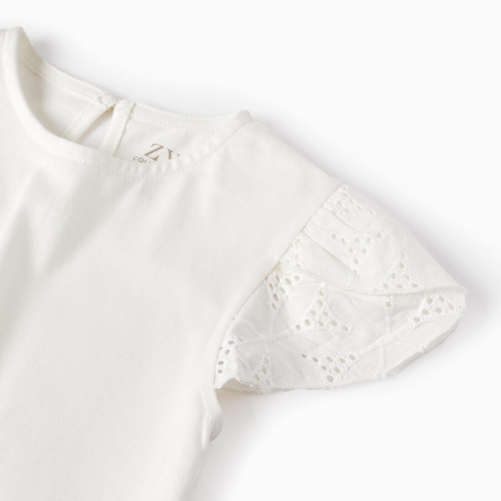 Cotton T-shirt with Broderie Anglaise for Baby Girls, White