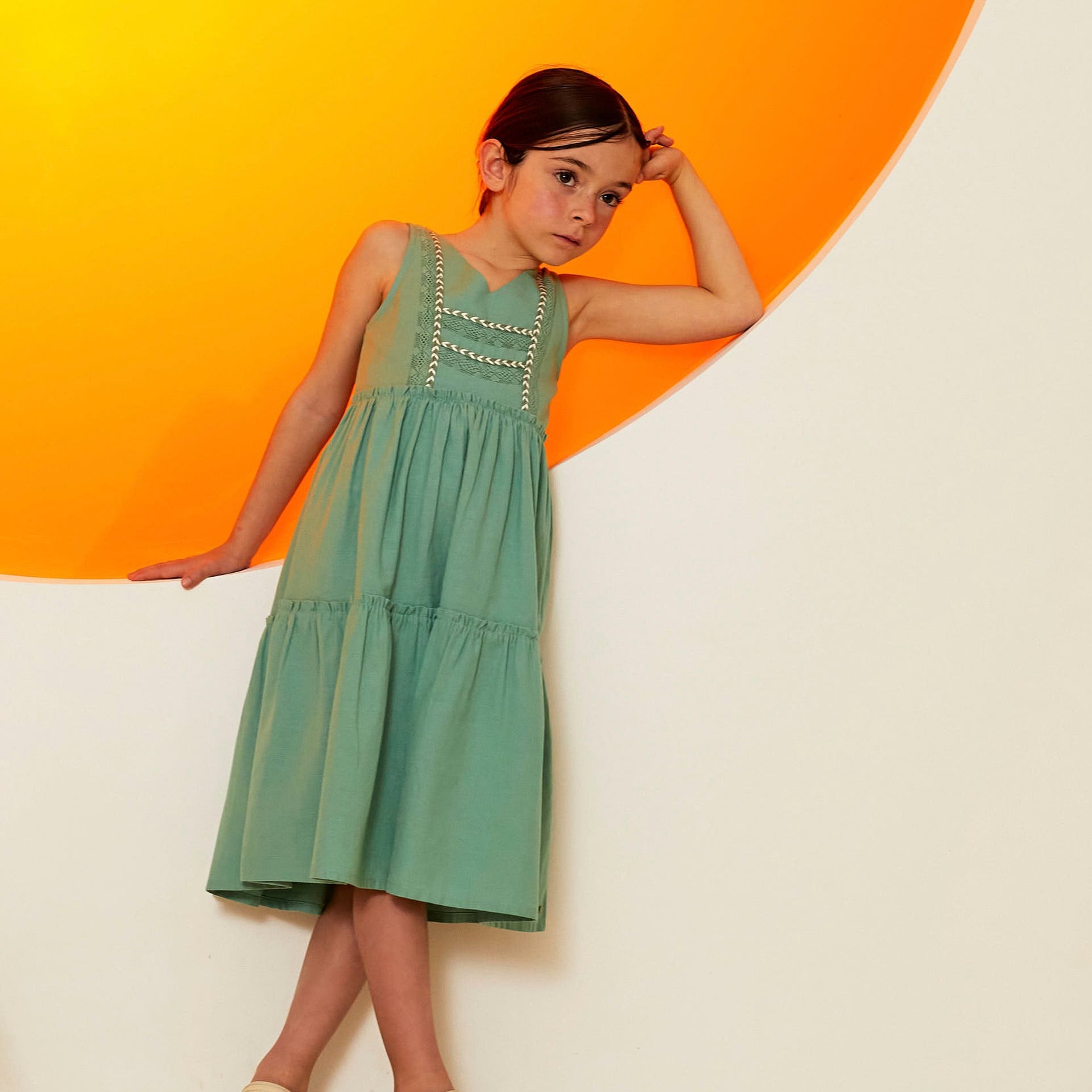 Cotton and Linen Dress for Girls, Green