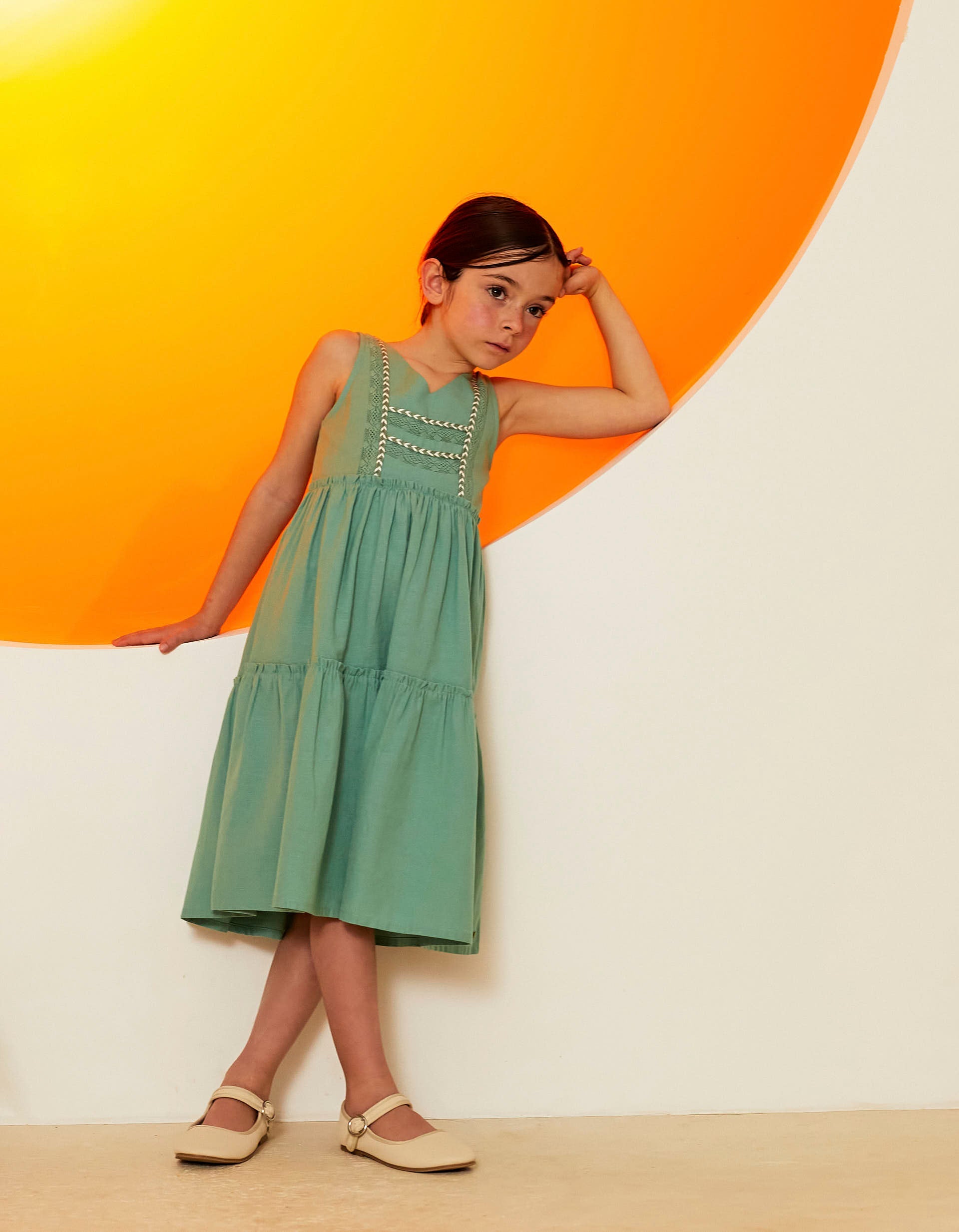 Cotton and Linen Dress for Girls, Green