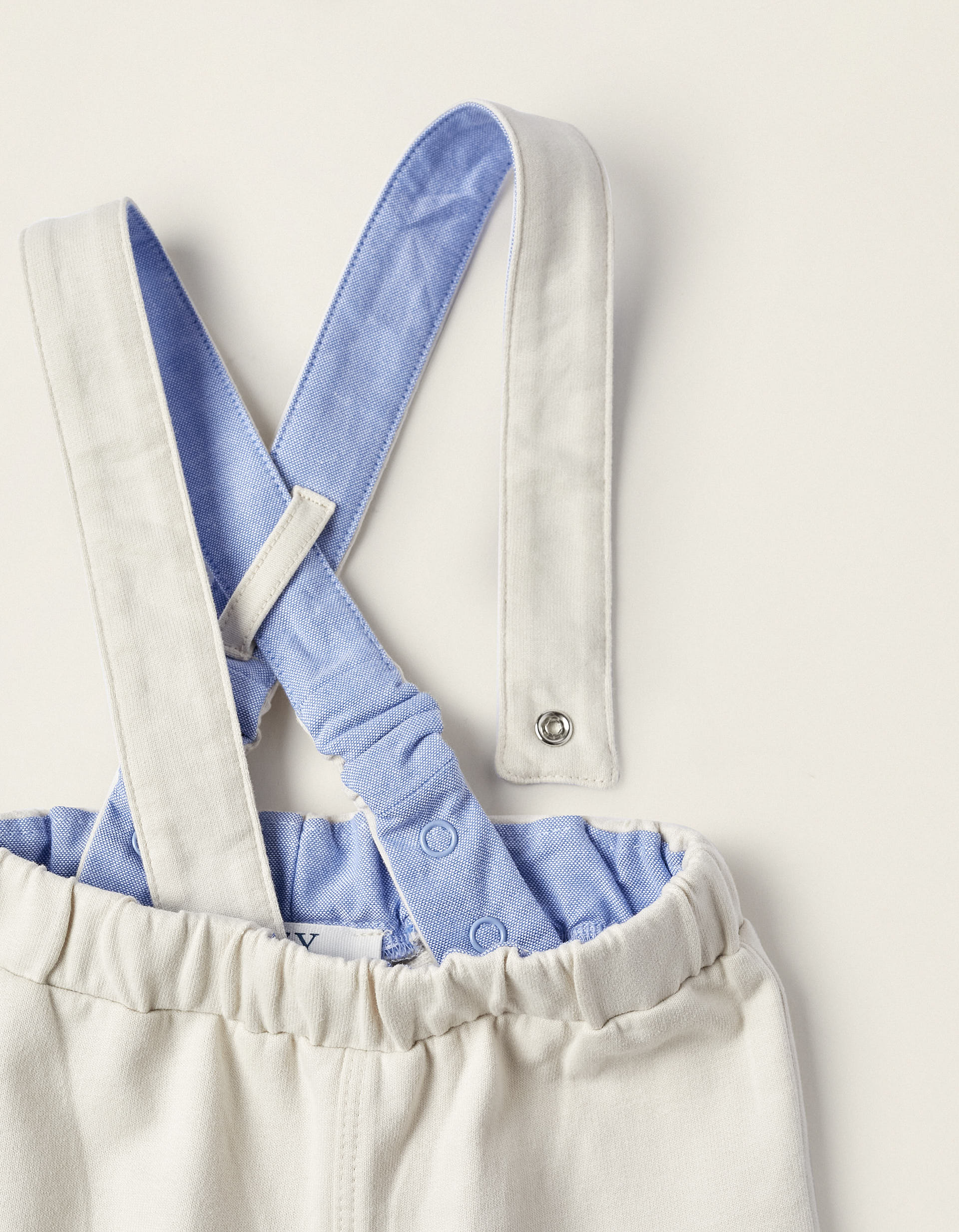 Bodysuit + Trousers with Removable Straps for Newborn Boys, White/Blue/Beige