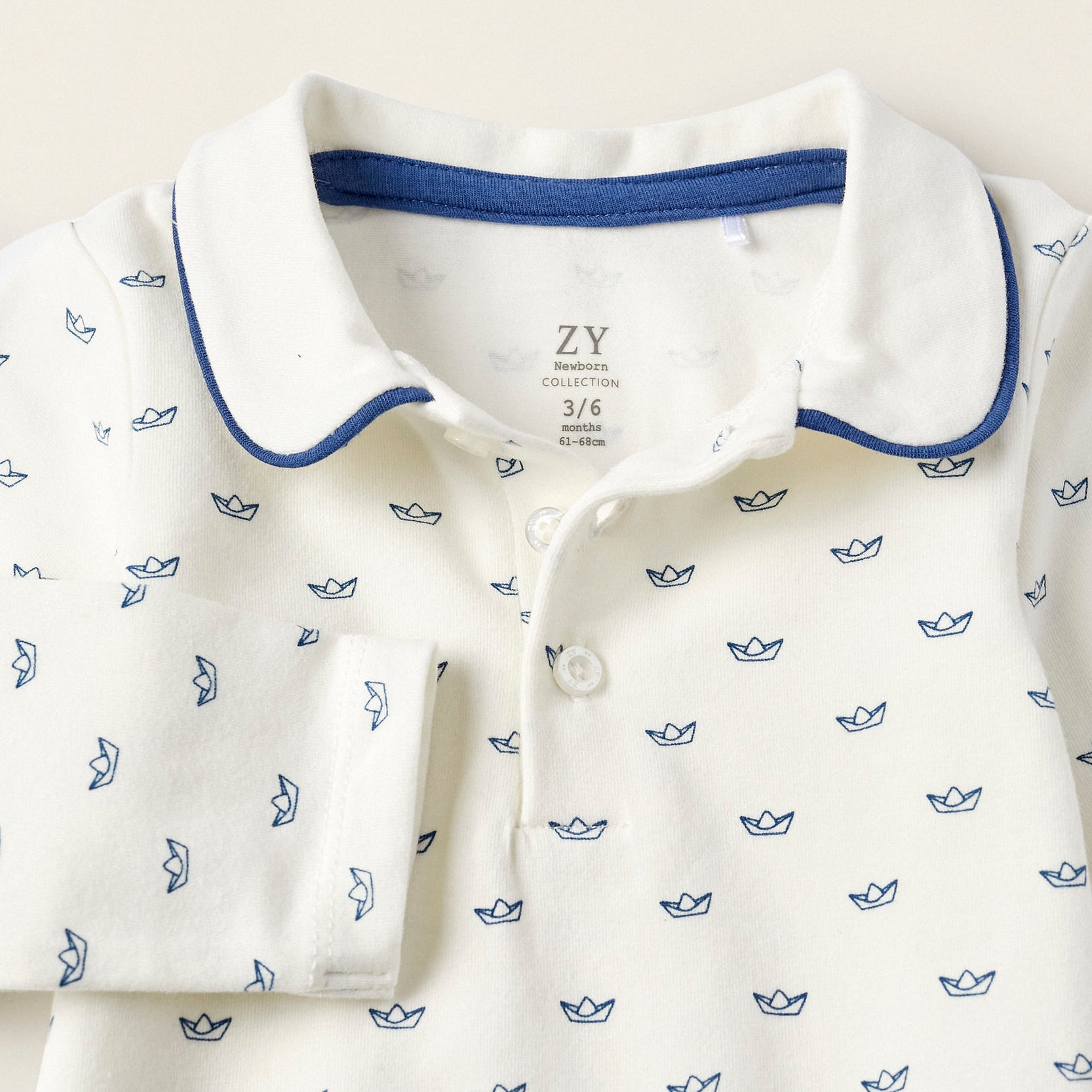 Cotton Bodysuit for Newborn Boys 'Paper Boats', White/Blue