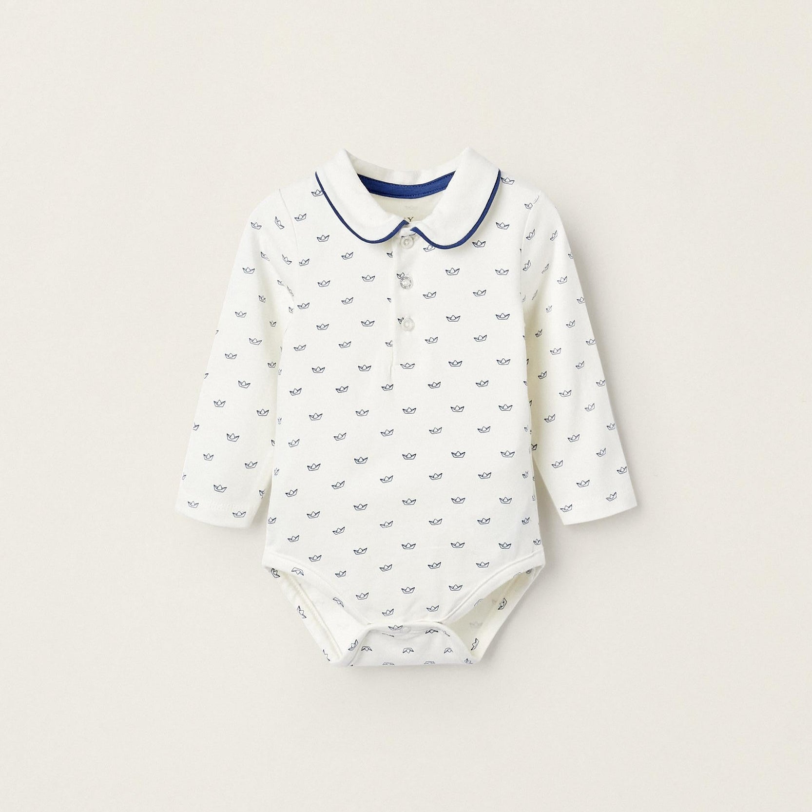 Cotton Bodysuit for Newborn Boys 'Paper Boats', White/Blue