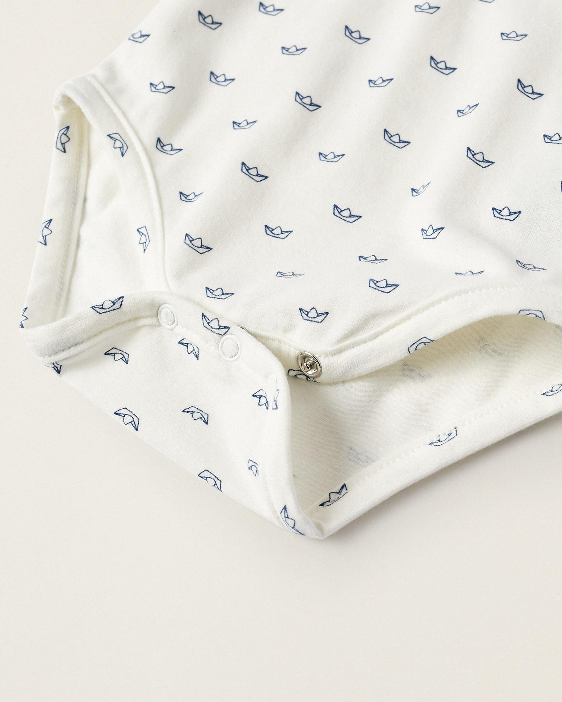 Cotton Bodysuit for Newborn Boys 'Paper Boats', White/Blue
