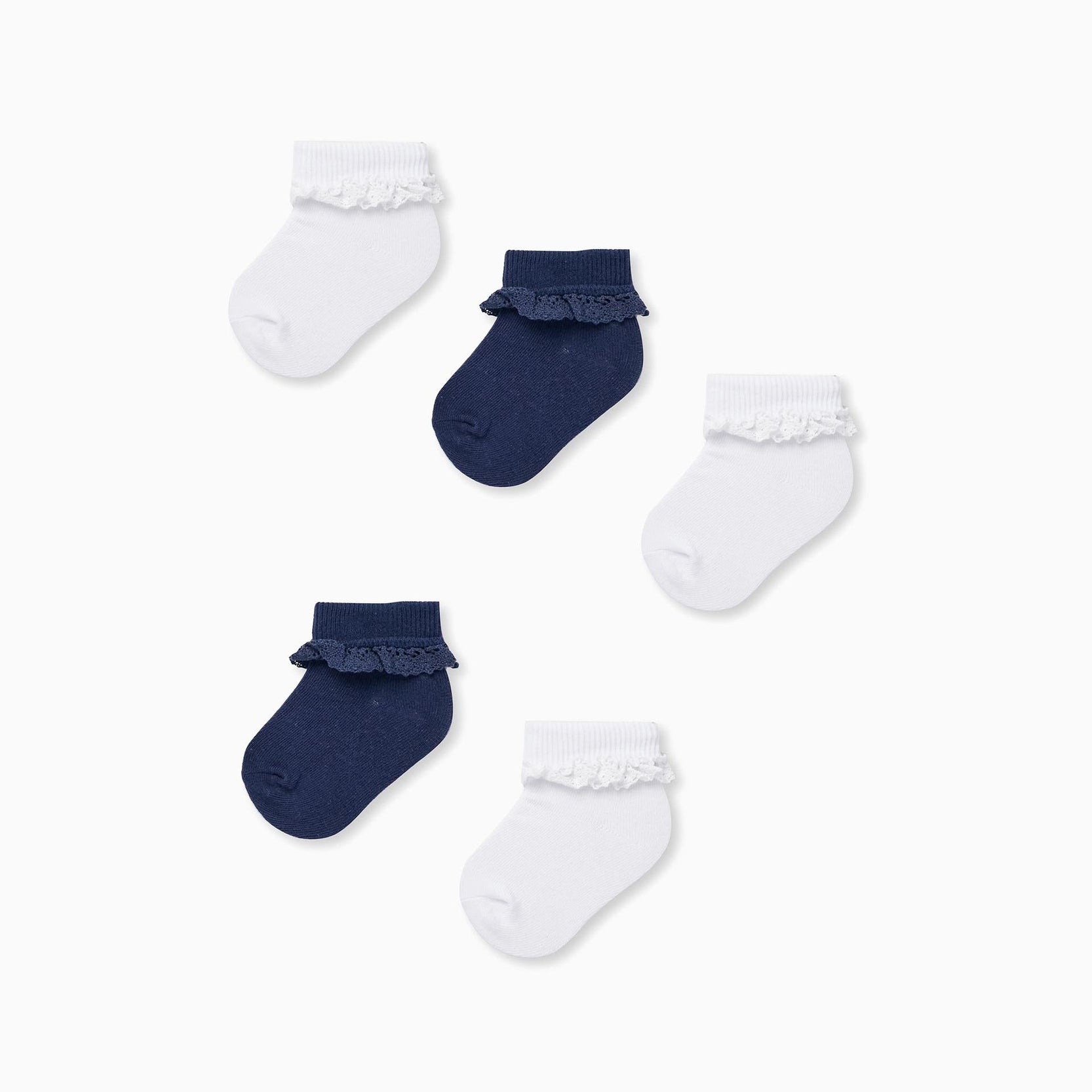 Pack of 5 Pairs of Lace Socks for Baby Girls, White/Dark Blue