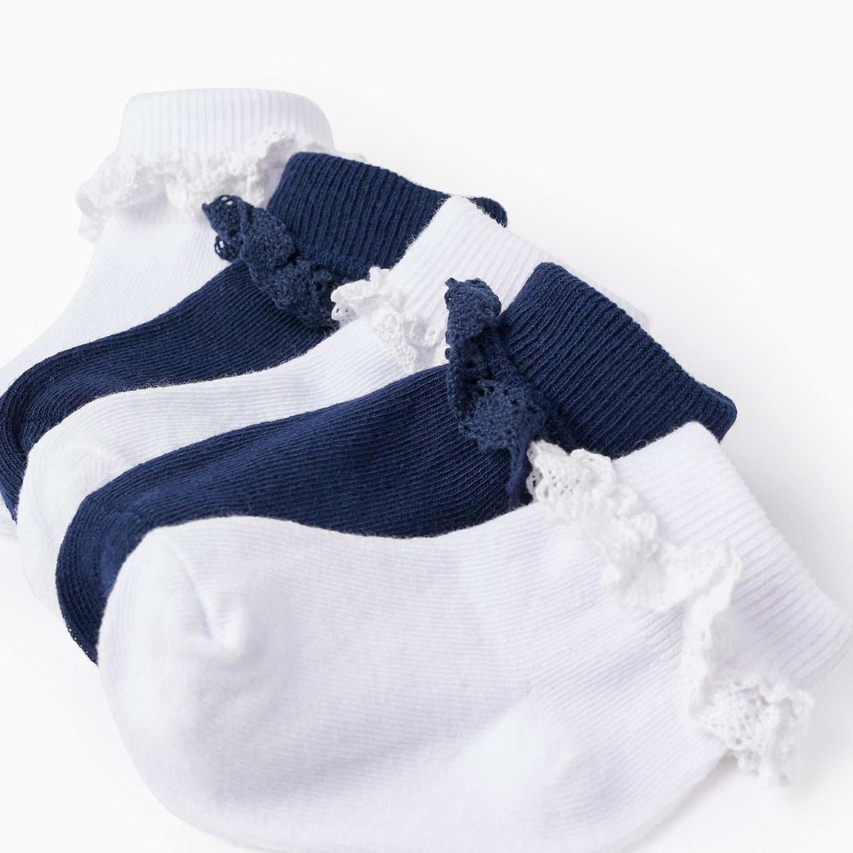 Pack of 5 Pairs of Lace Socks for Baby Girls, White/Dark Blue