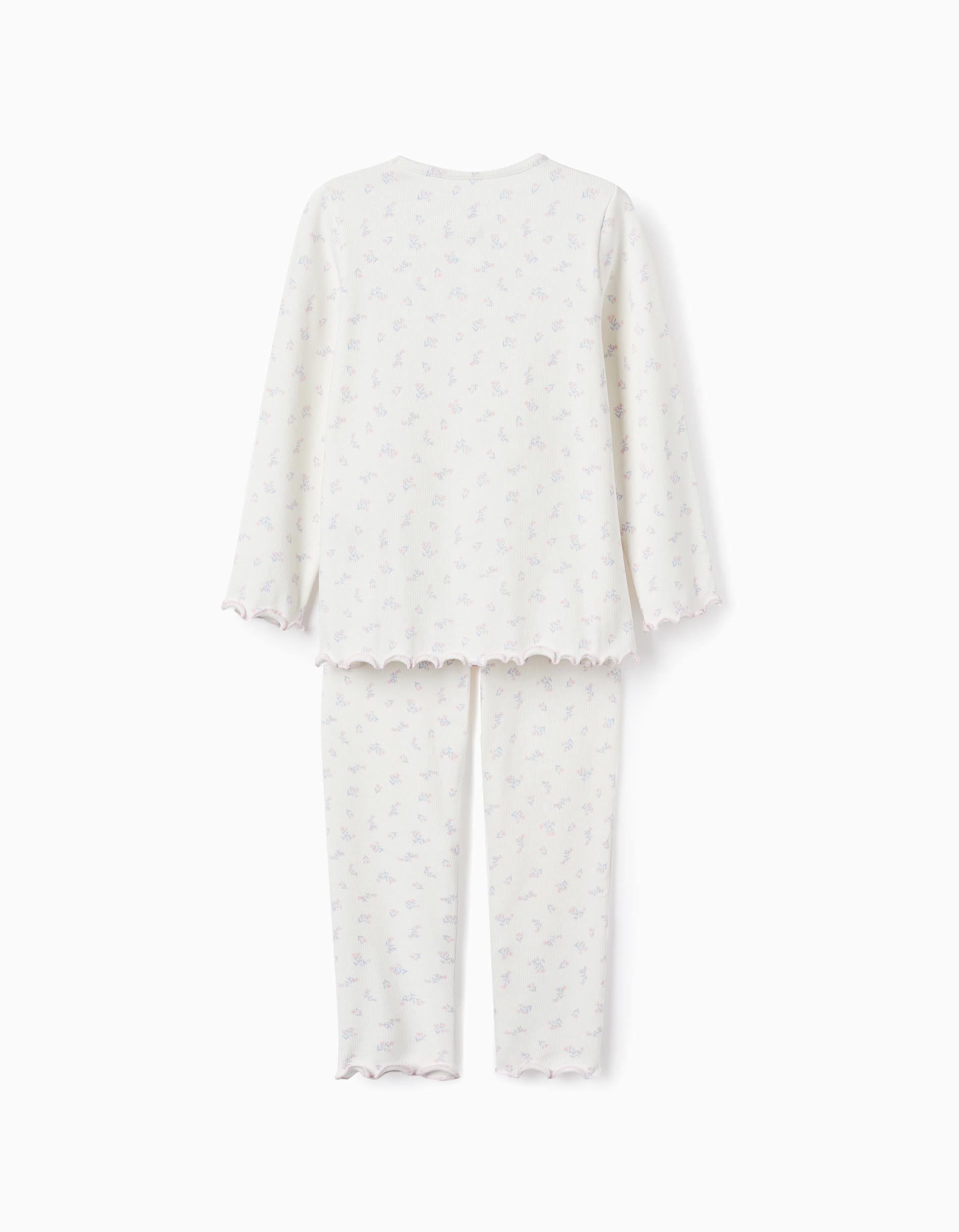 Ribbed Floral Pyjama for Girls, White