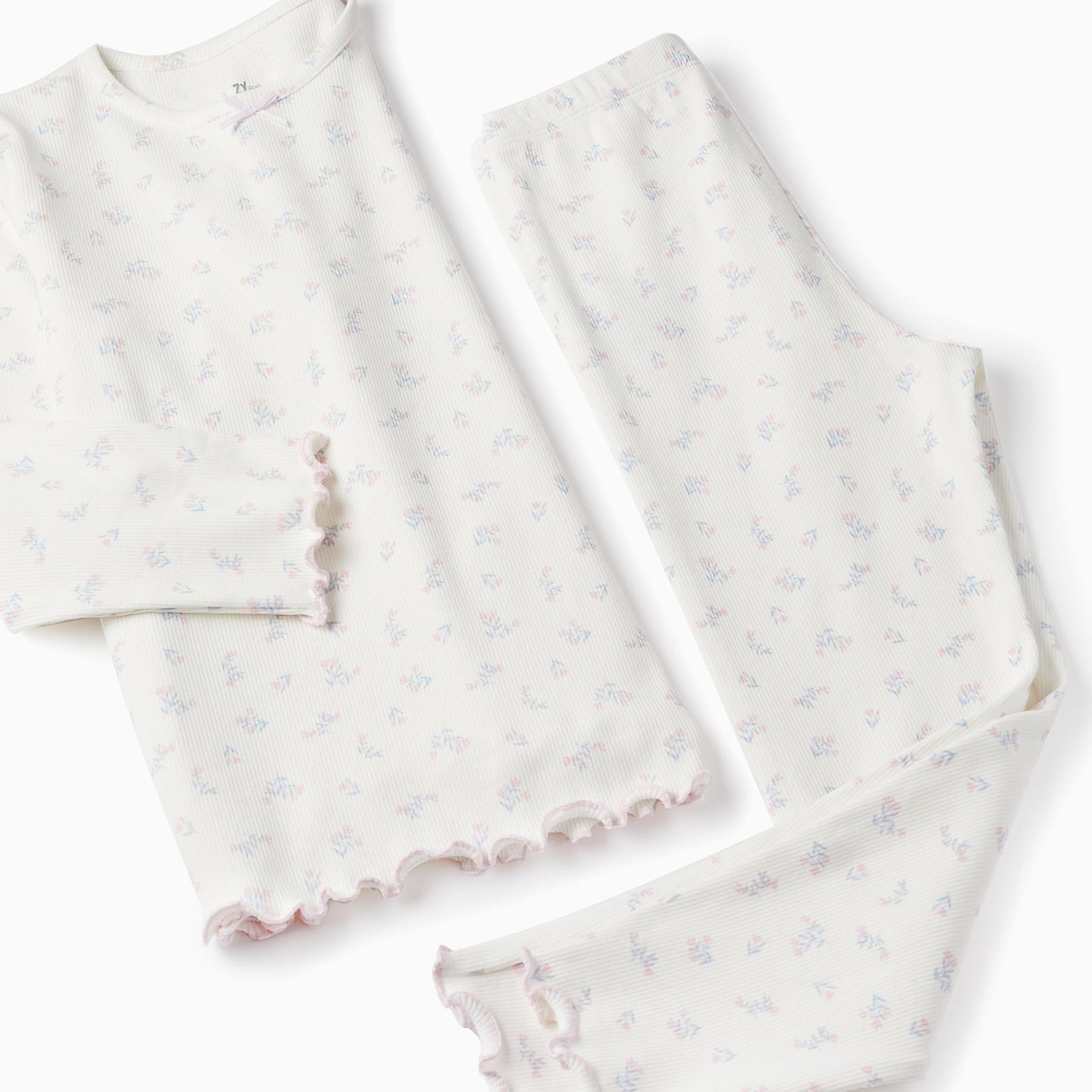 Ribbed Floral Pyjama for Girls, White