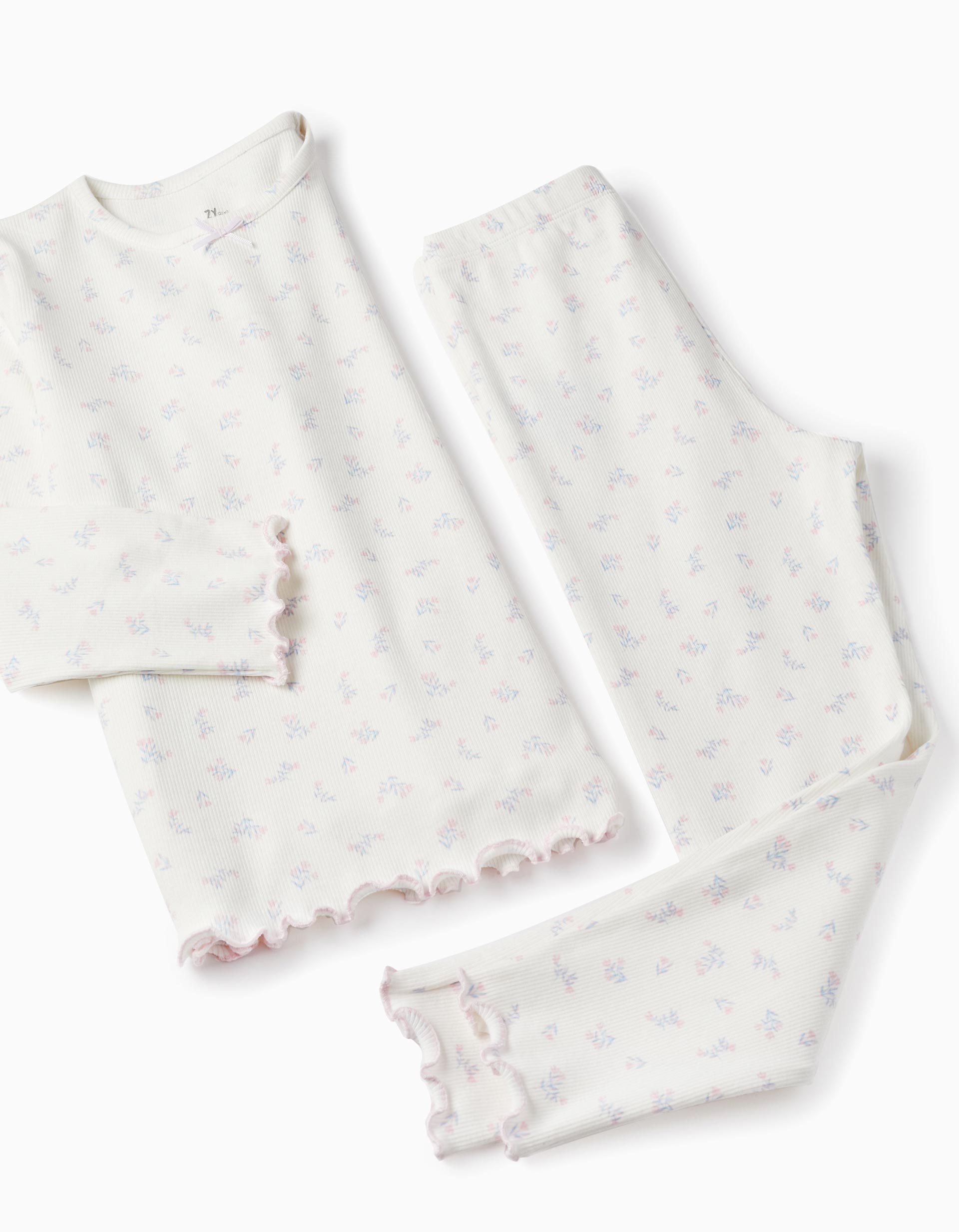 Ribbed Floral Pyjama for Girls, White