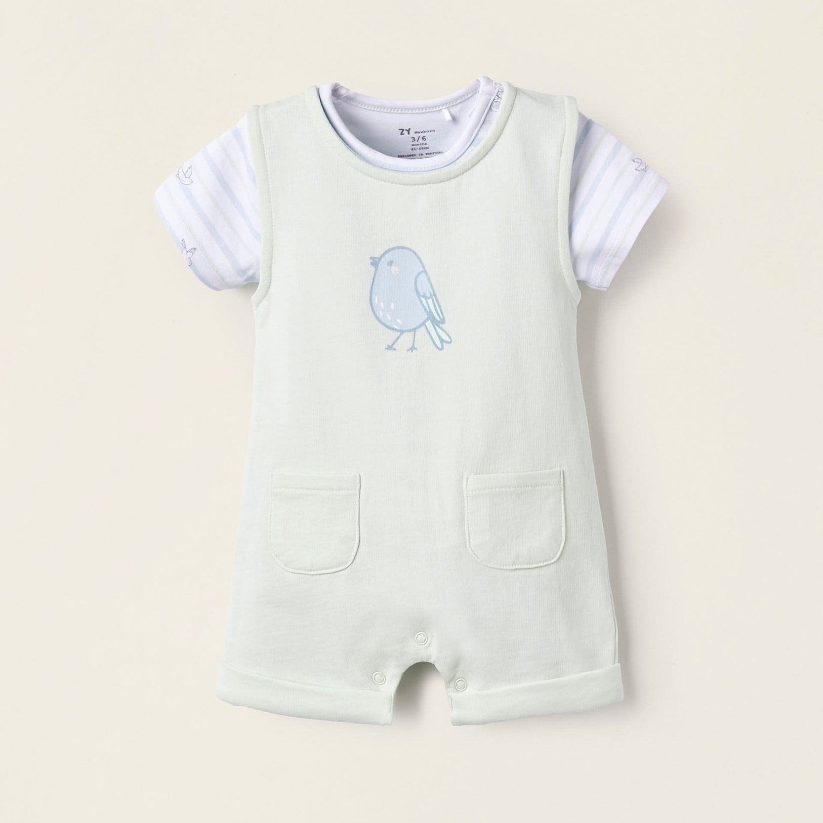 Bodysuit + Cotton Jumpsuit for Newborns 'Bird', White/Green