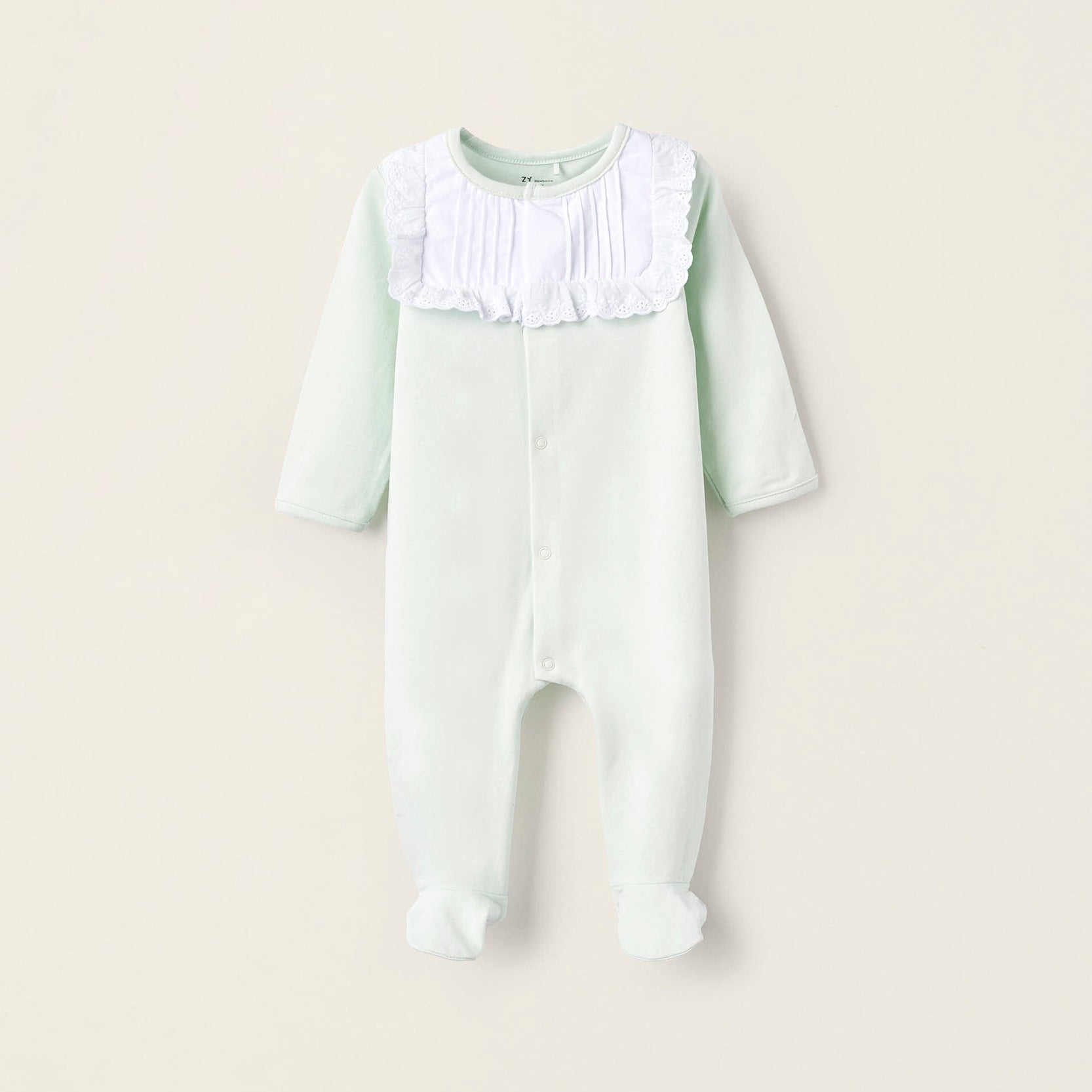Cotton Sleepsuit with Broderie Anglaise for Newborn Girls, White/Green