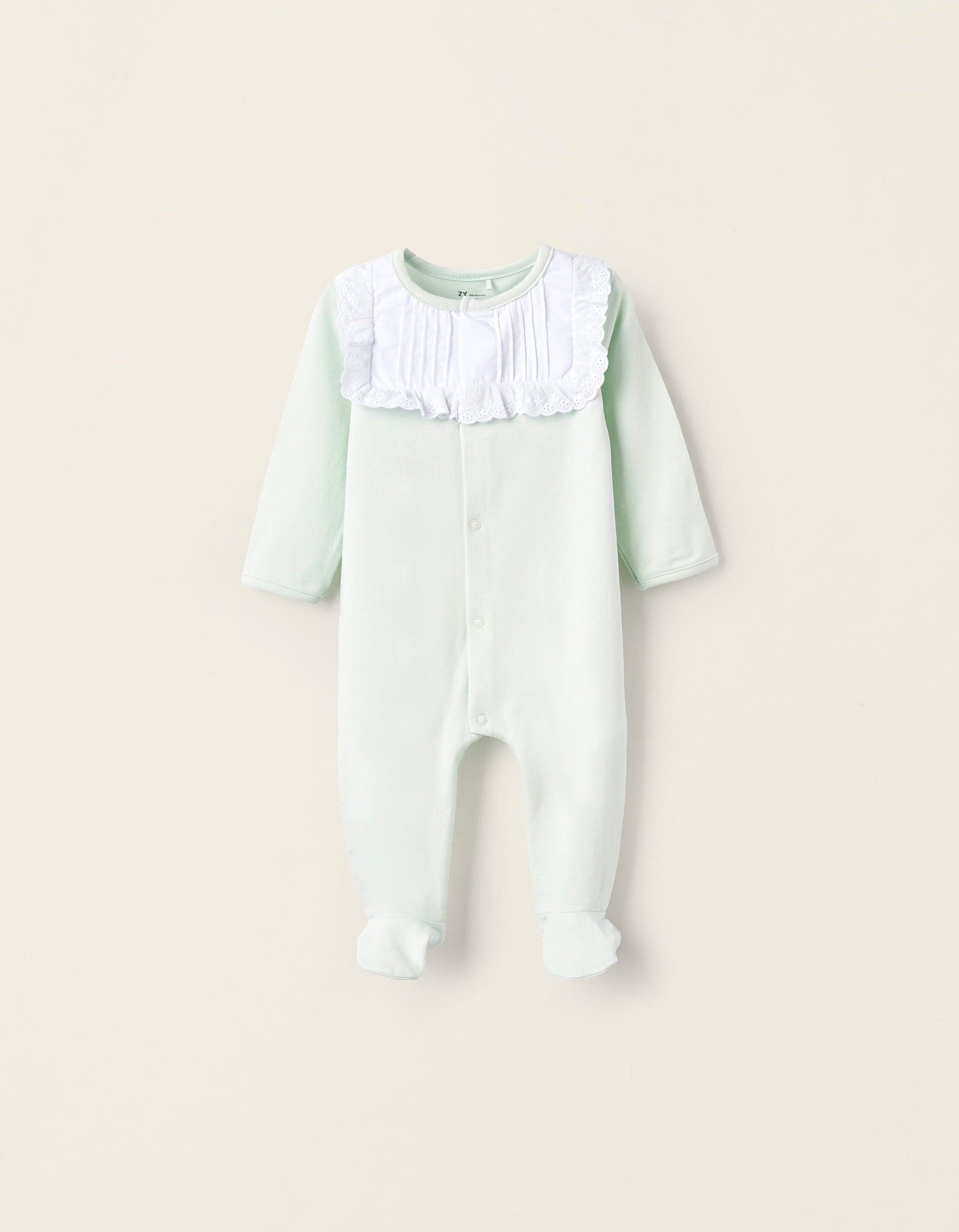 Cotton Sleepsuit with Broderie Anglaise for Newborn Girls, White/Green