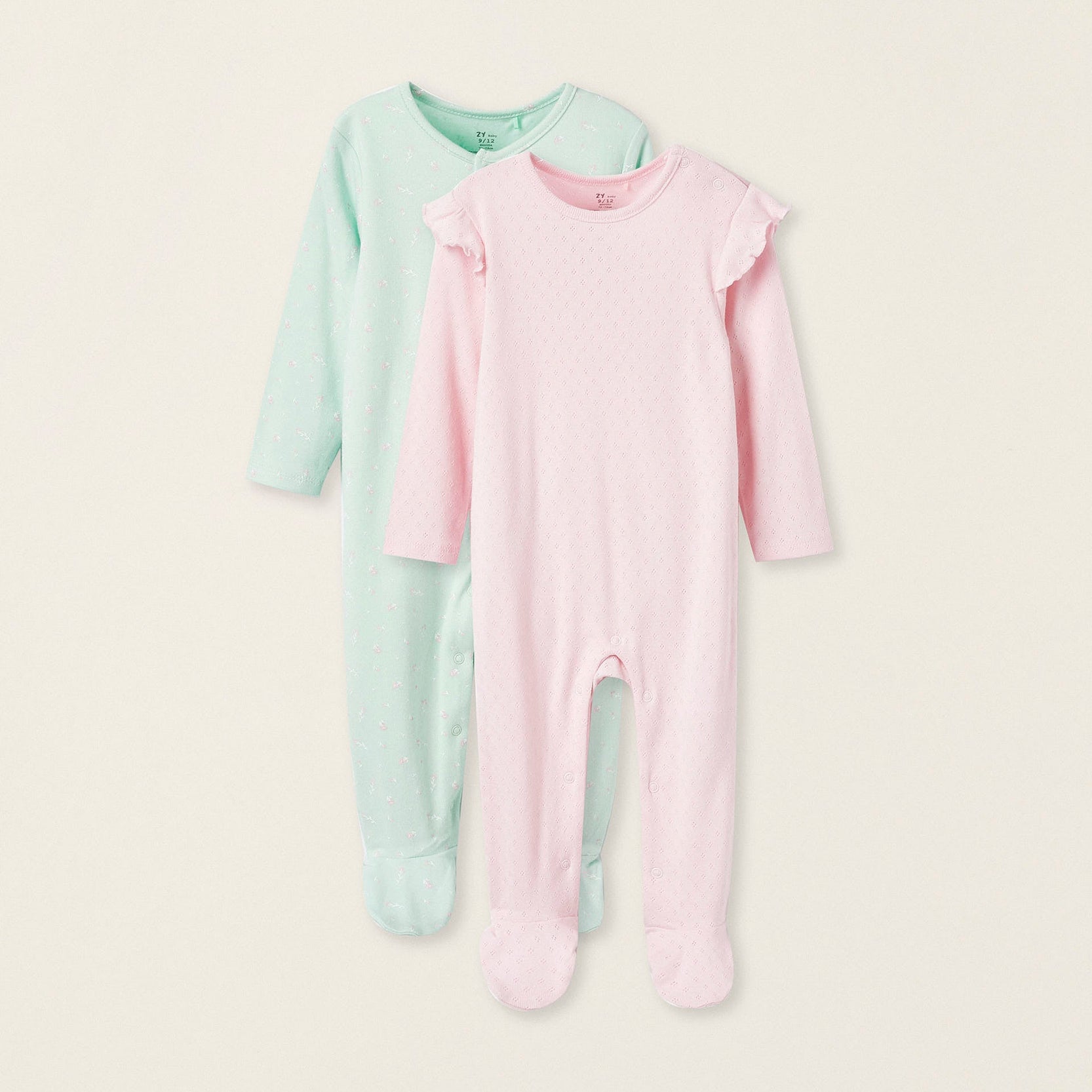 Pack of 2 Cotton Babygrows for Baby Girls, Pink/Green