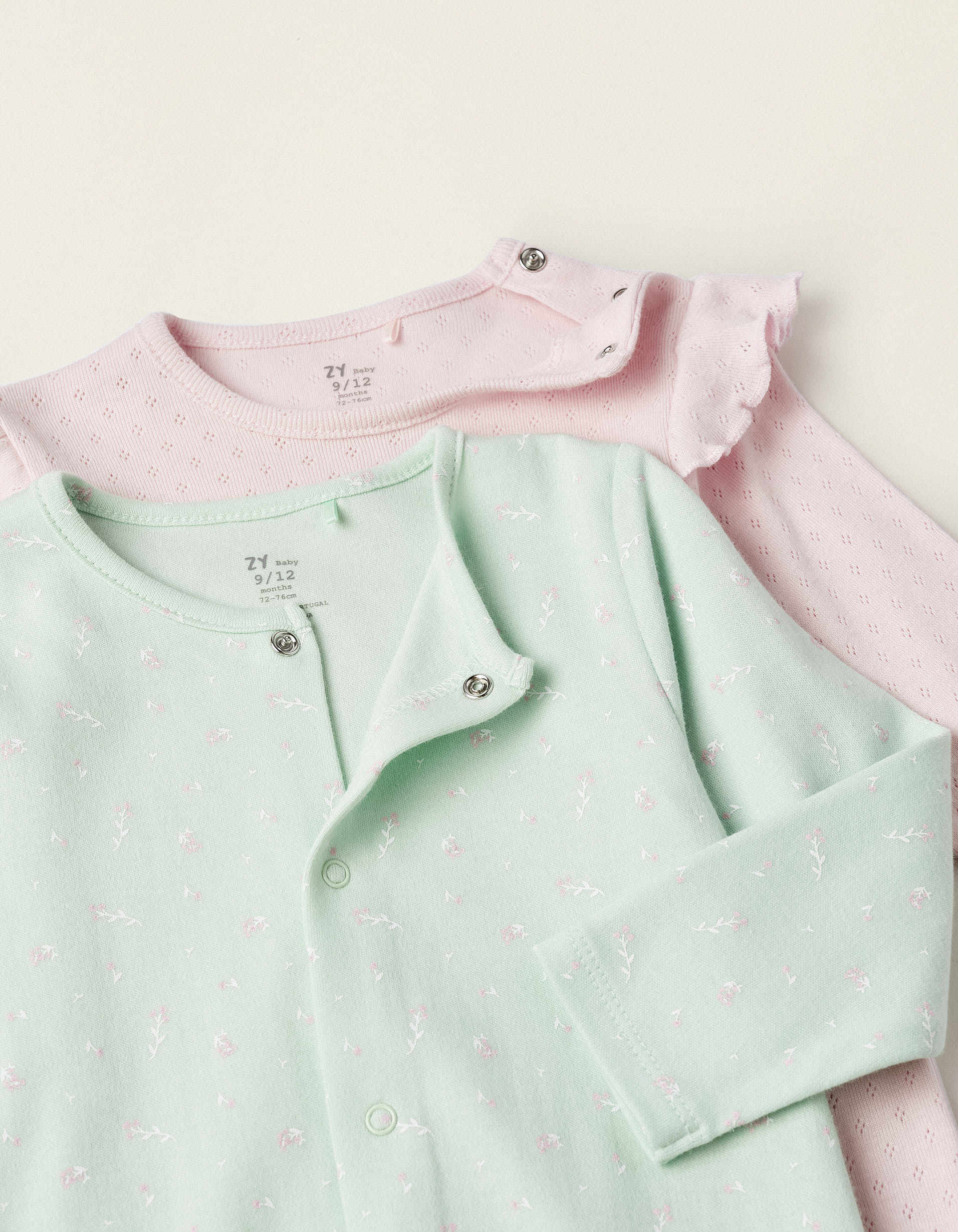Pack of 2 Cotton Babygrows for Baby Girls, Pink/Green
