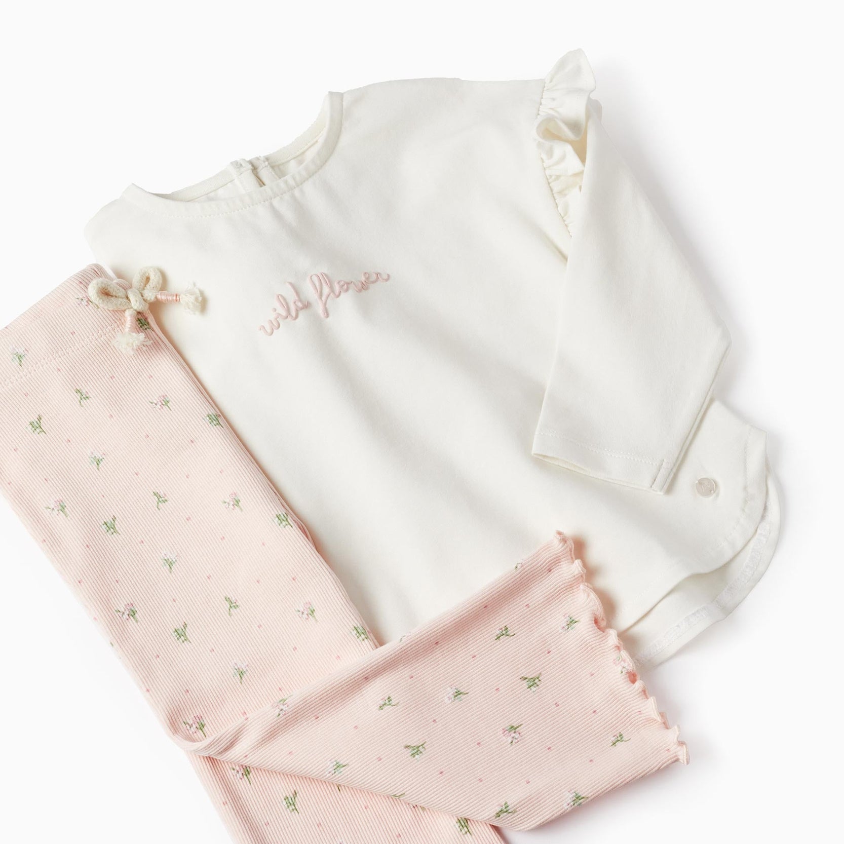 T-Shirt + Ribbed Trousers for Baby Girls 'Wild Flower', White/Pink