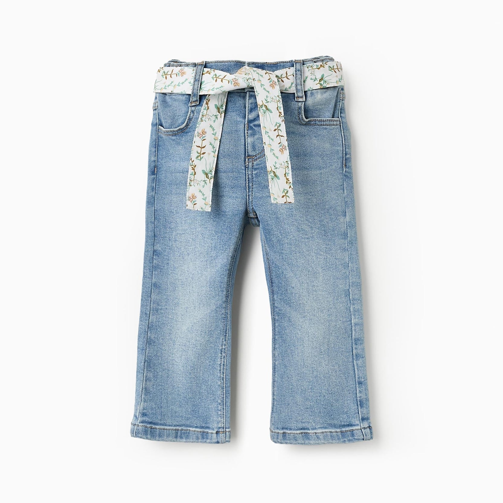 Denim Trousers with Floral Ribbon for Baby Girls, Blue