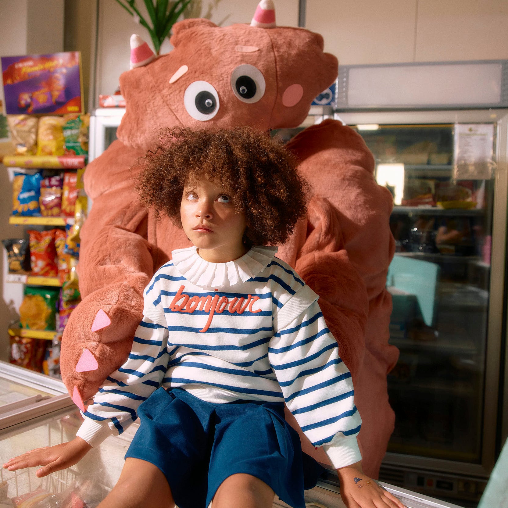 Striped sweatshirt for girls 'Bonjour', White/Navy Blue